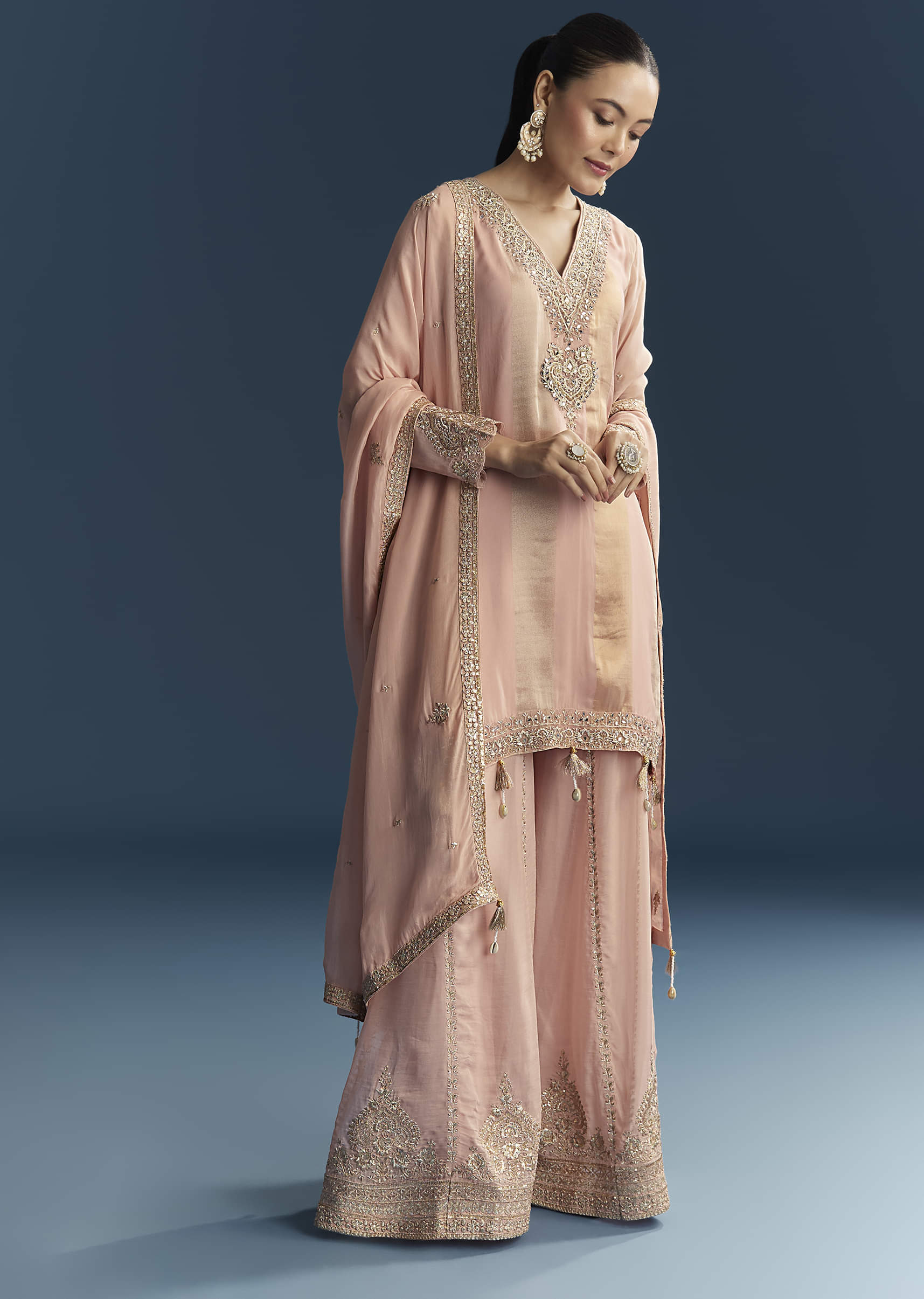 Pink Organza Palazzo Suit With Zari And Mirror Embroidery - Image 3