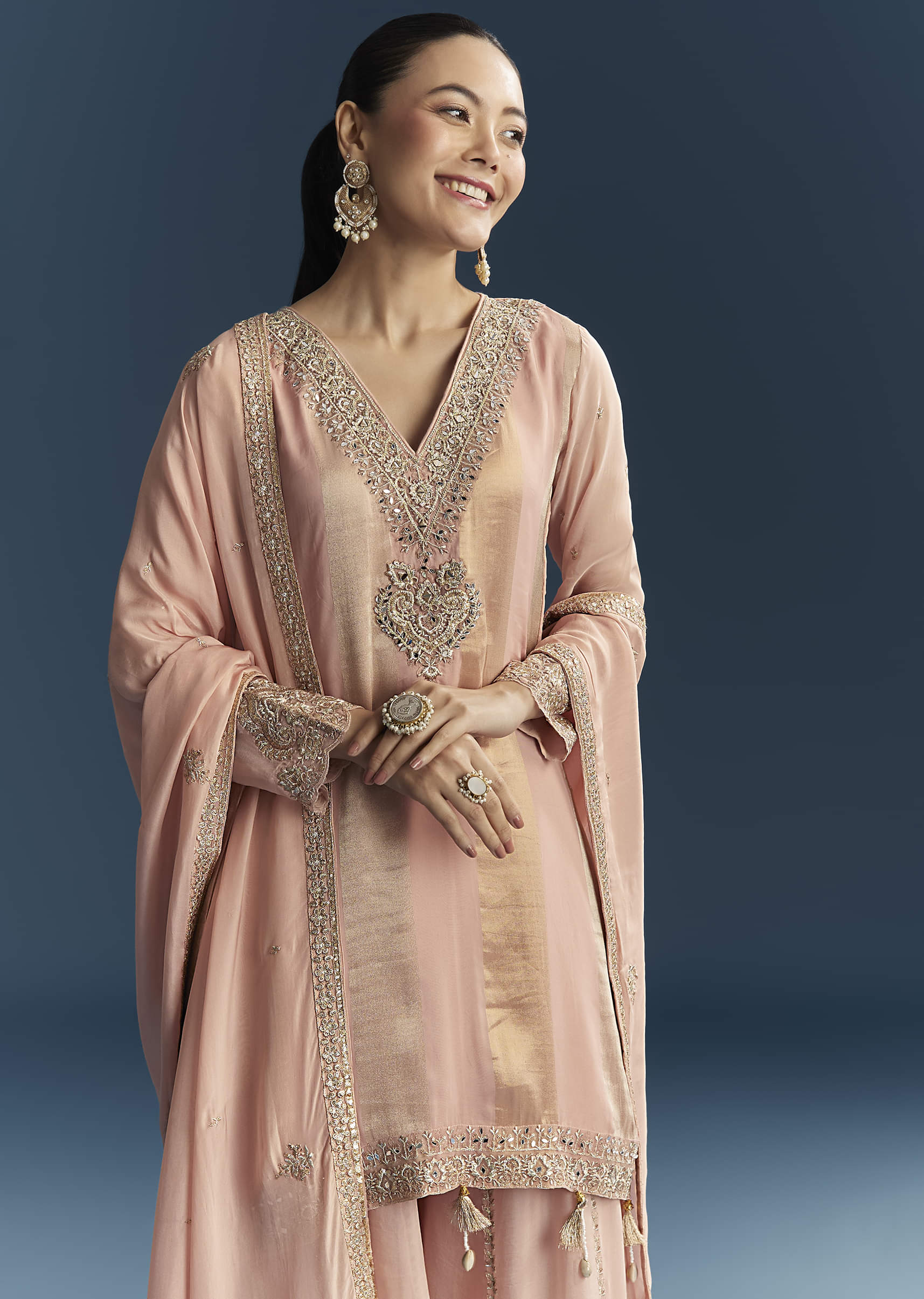 Pink Organza Palazzo Suit With Zari And Mirror Embroidery - Image 4