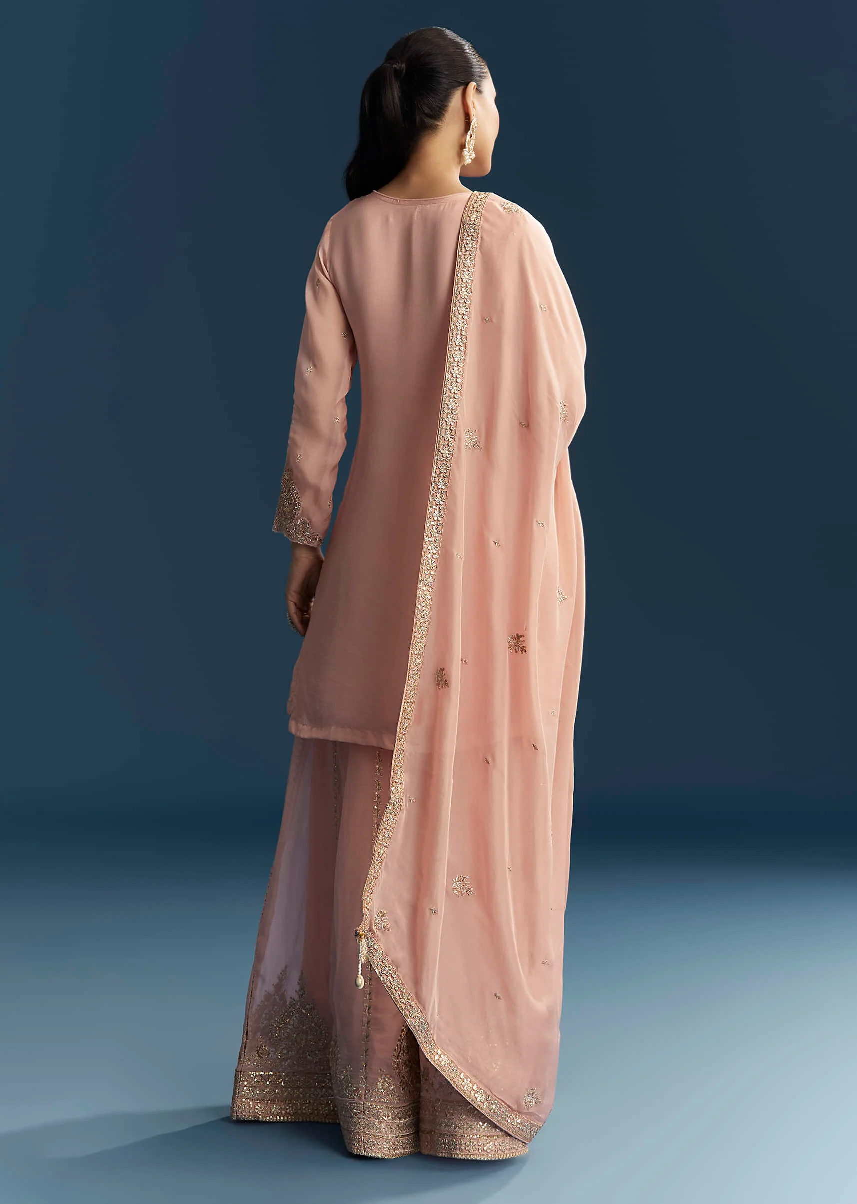 Pink Organza Palazzo Suit With Zari And Mirror Embroidery - Image 5