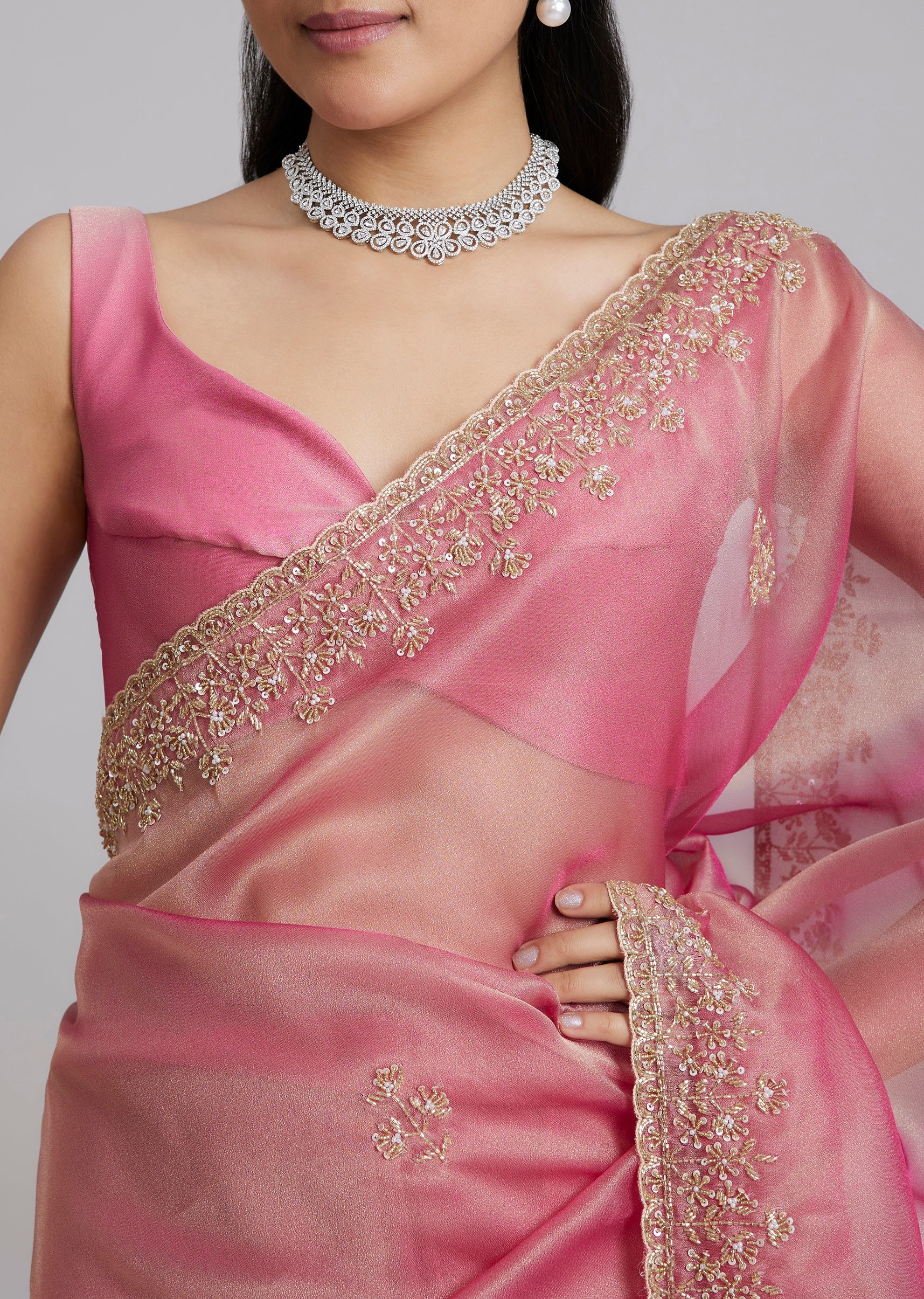 Pink Organza Saree With Floral Border - Image 2