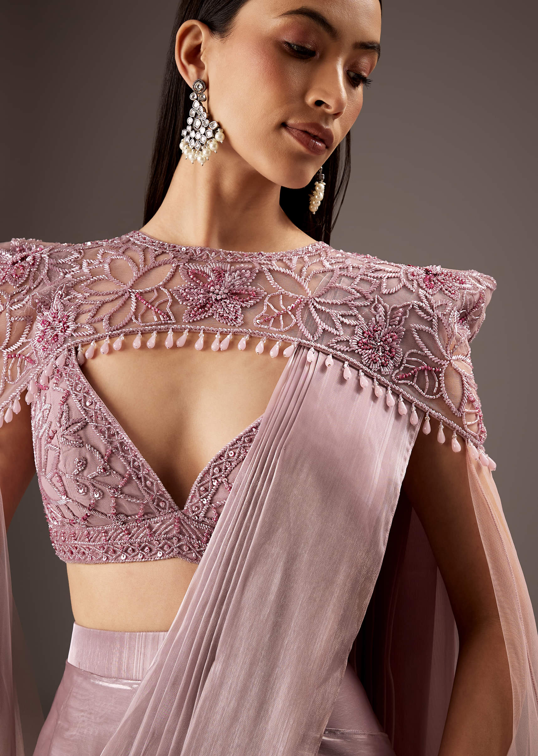 Pink Organza Saree With Heavy Embroidery - Image 3