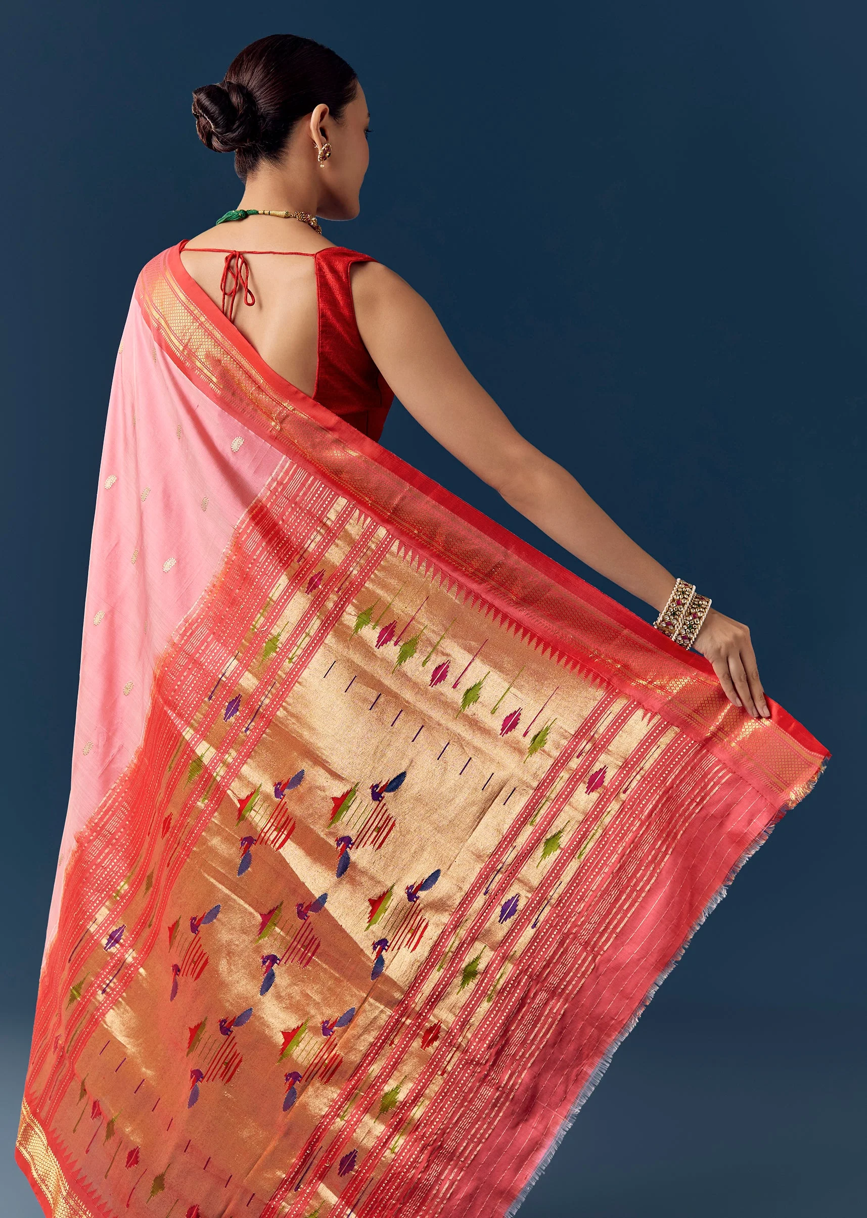 Pink Paithani Silk Saree with Contrast Red Zari Border - Image 6