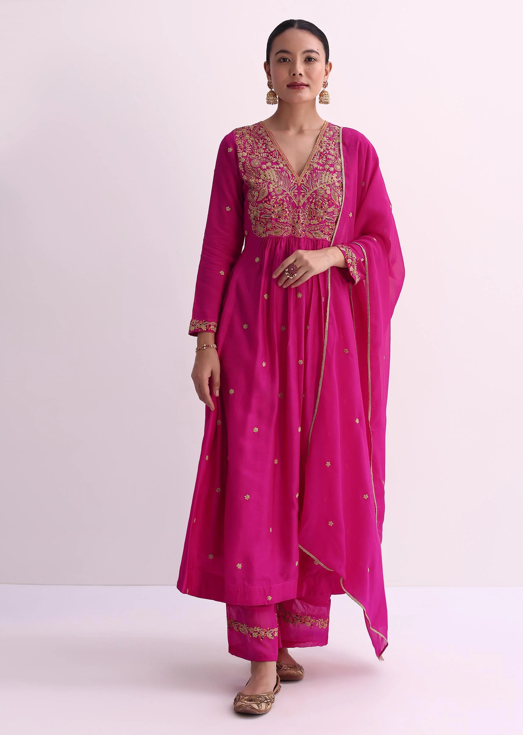 Pink Palazzo Set With Zari Embroidered A-Line Kurta And Dupatta - Image 3
