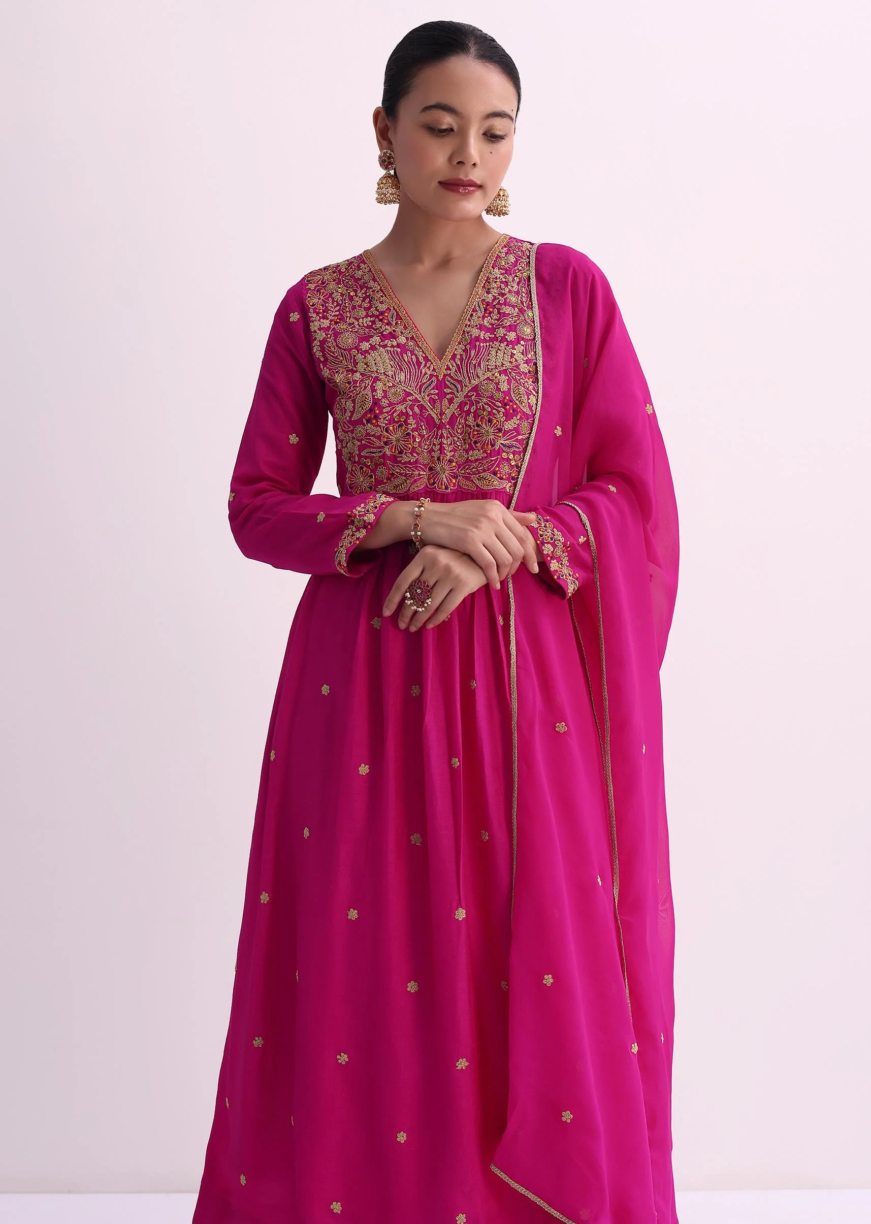 Pink Palazzo Set With Zari Embroidered A-Line Kurta And Dupatta - Image 4