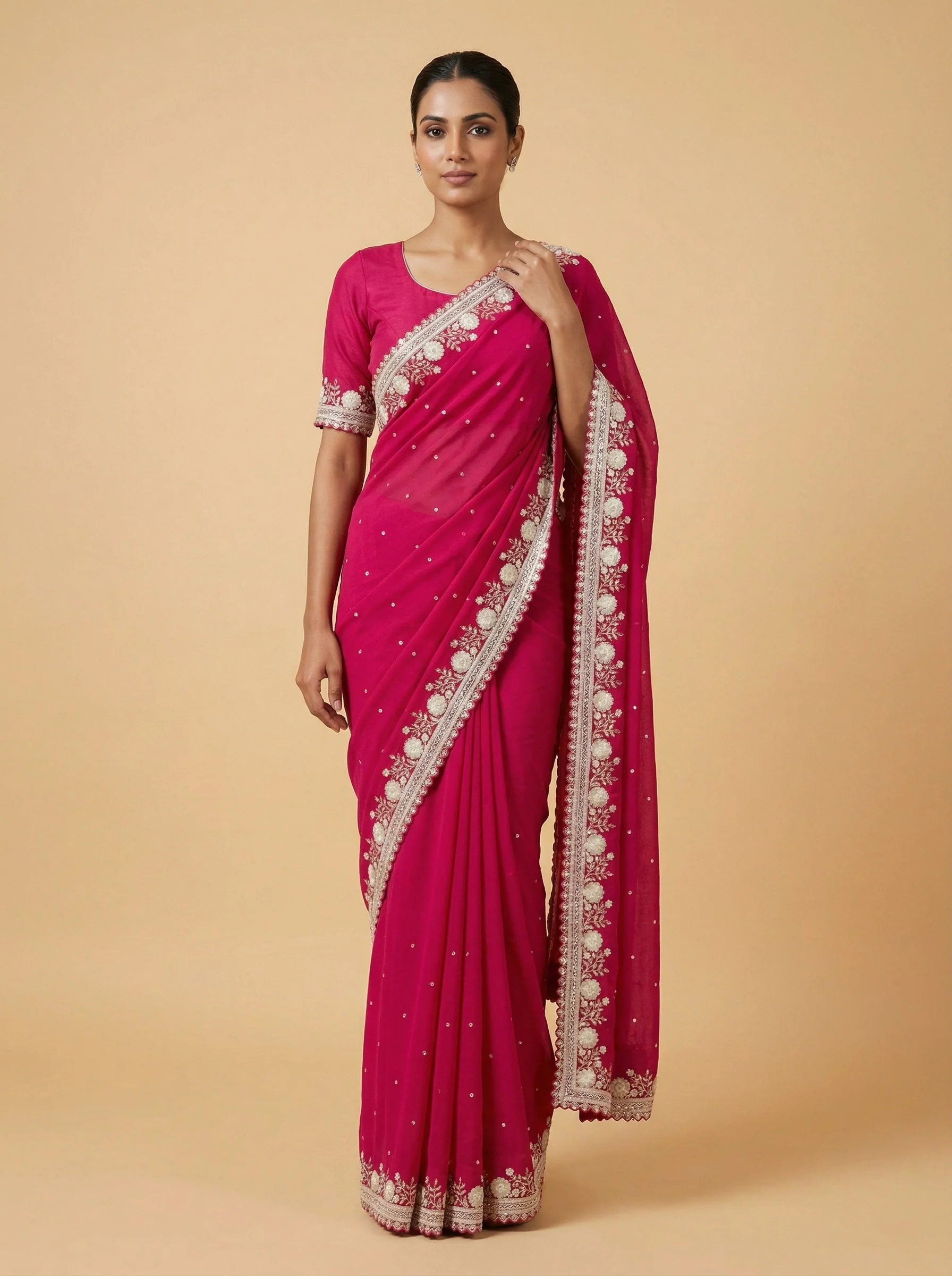 Pink Poised-Tone Embroidered Saree