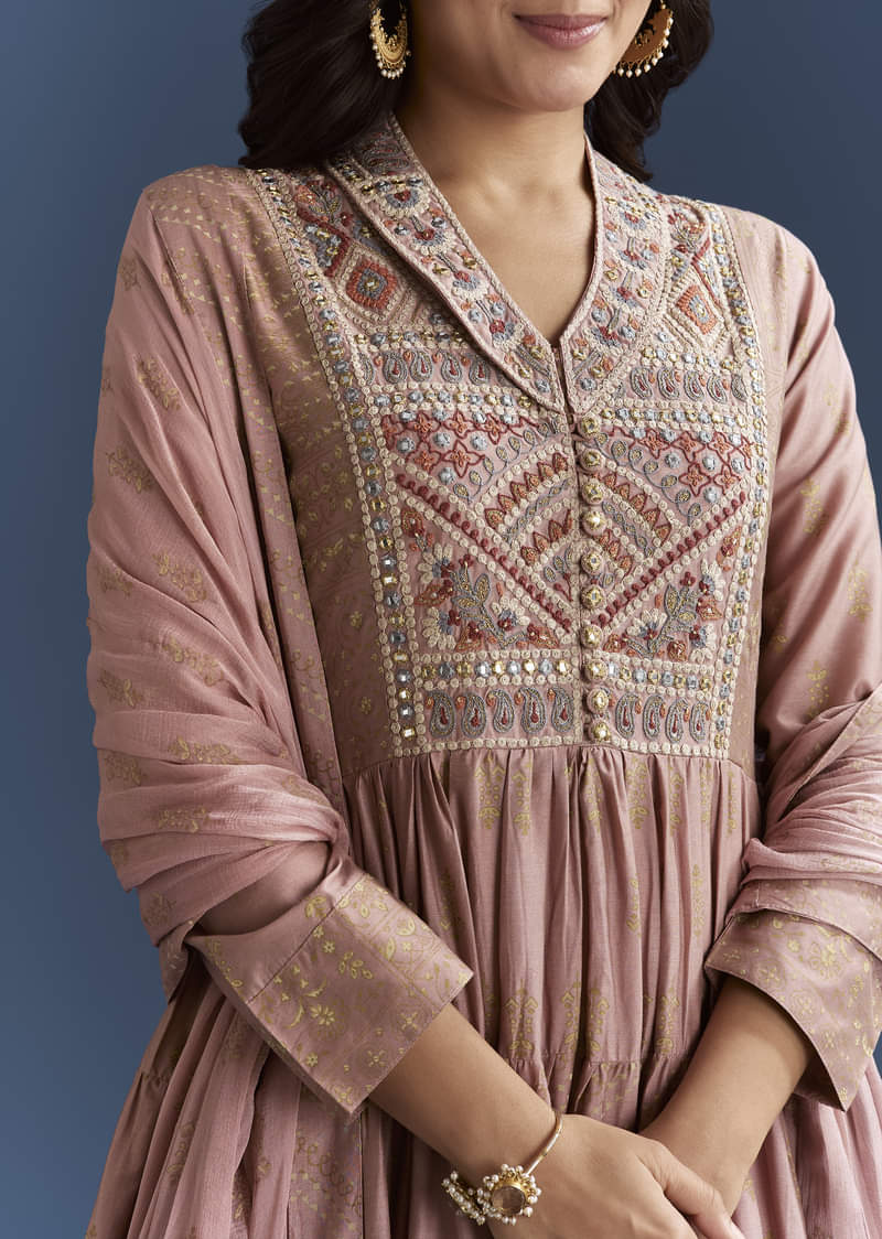Pink Printed Chanderi Anarkali Set With Thread Work - Image 2