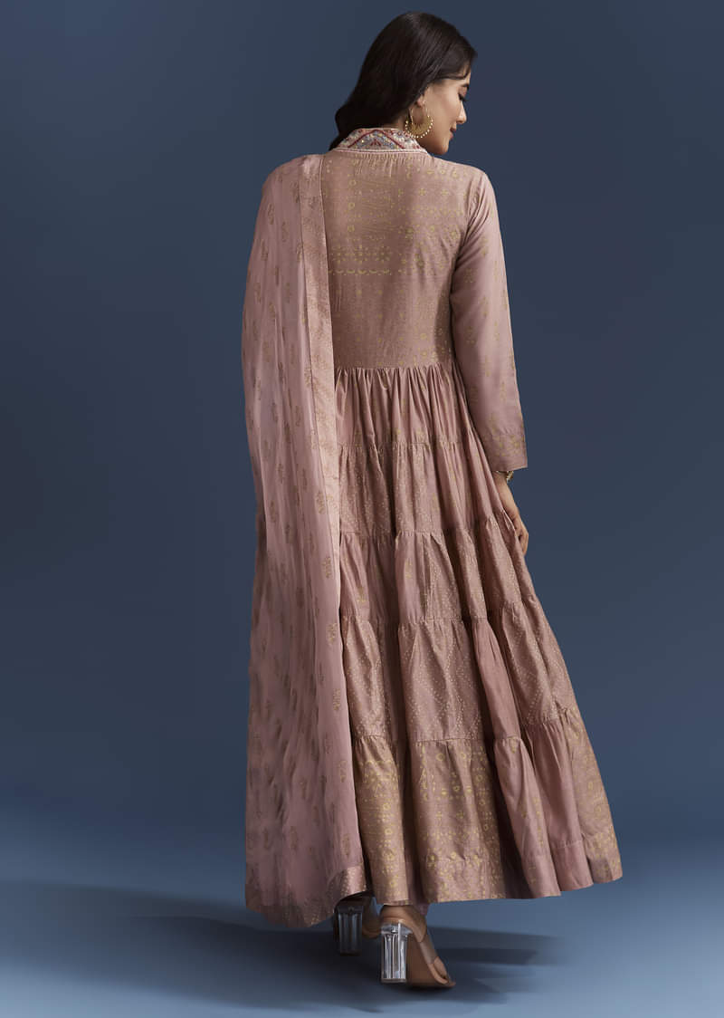 Pink Printed Chanderi Anarkali Set With Thread Work - Image 6