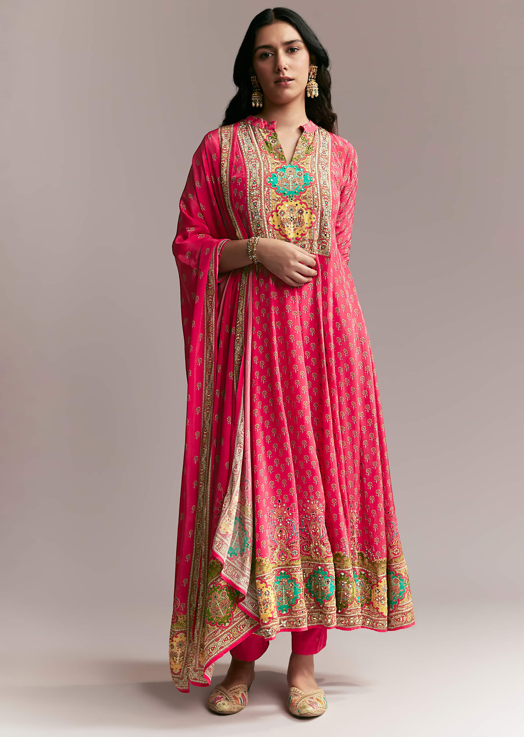 Pink Printed Crepe Anarkali Set - Image 3