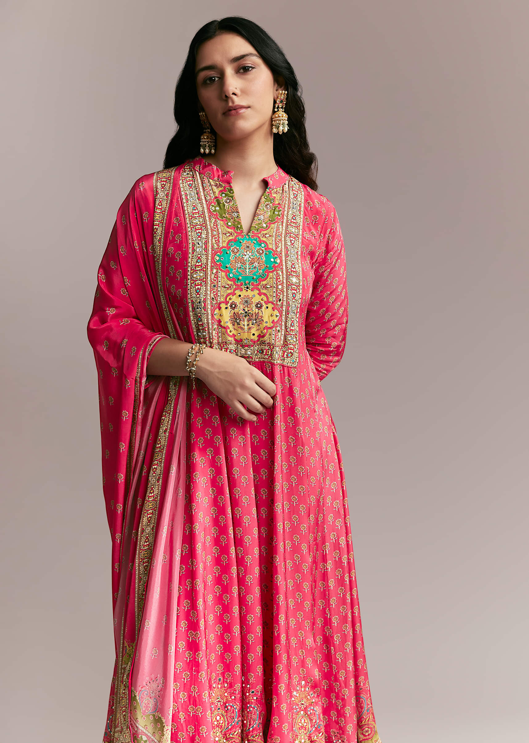 Pink Printed Crepe Anarkali Set - Image 4