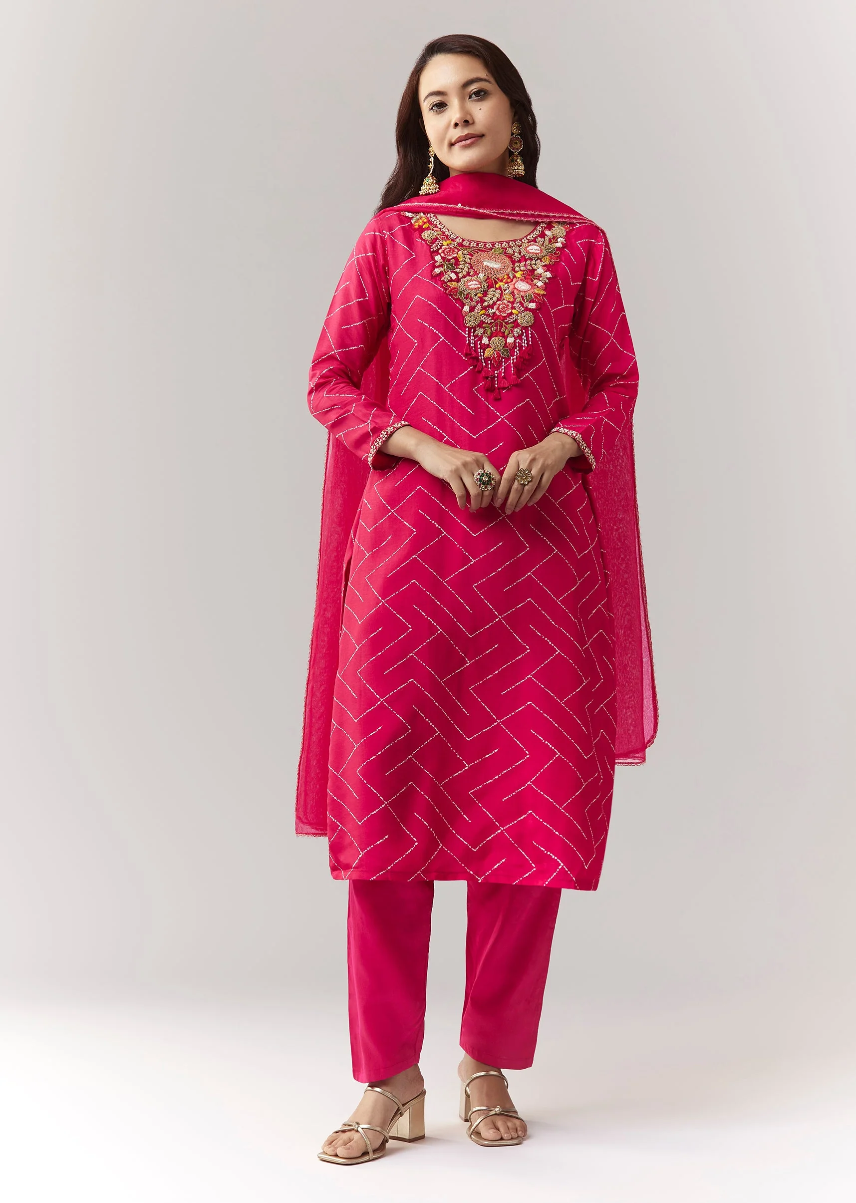 Pink Printed Kurta Pant Set With Embroidered Yoke And Dupatta - Image 3