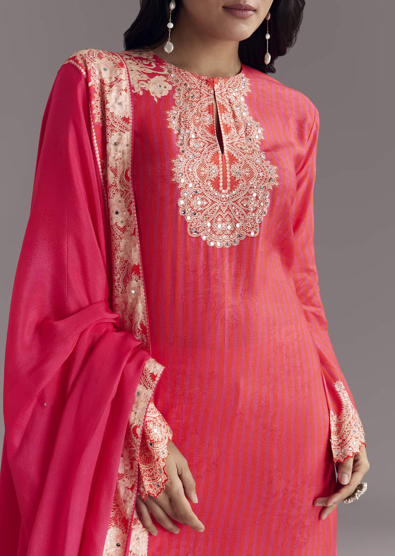 Pink Printed Palazzo Set With Mirror Work - Image 2