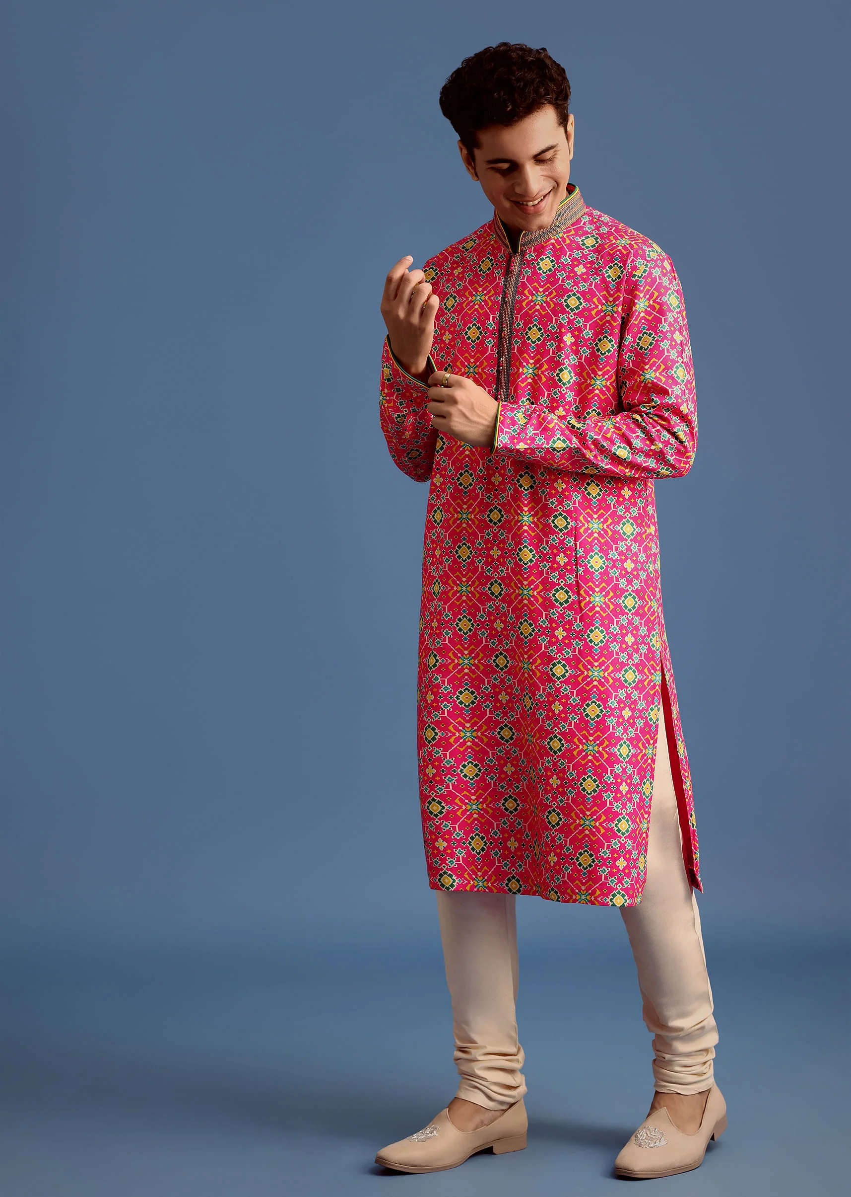 Pink Printed Pashmina Kurta Set For Men