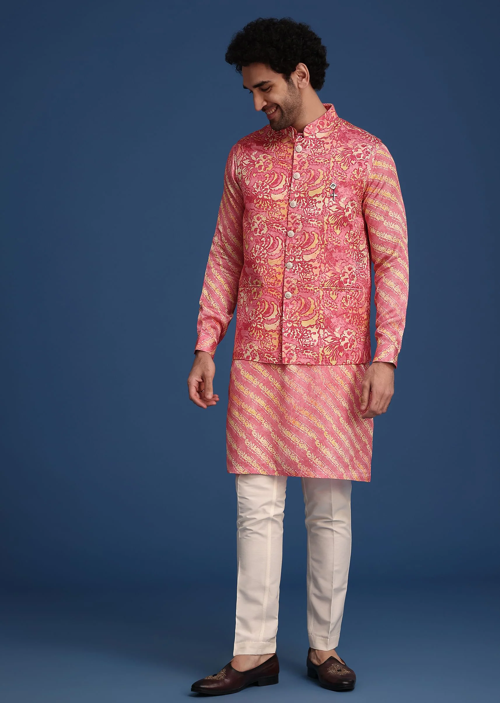 Pink Printed Silk Kurta Jacket Set - Image 3