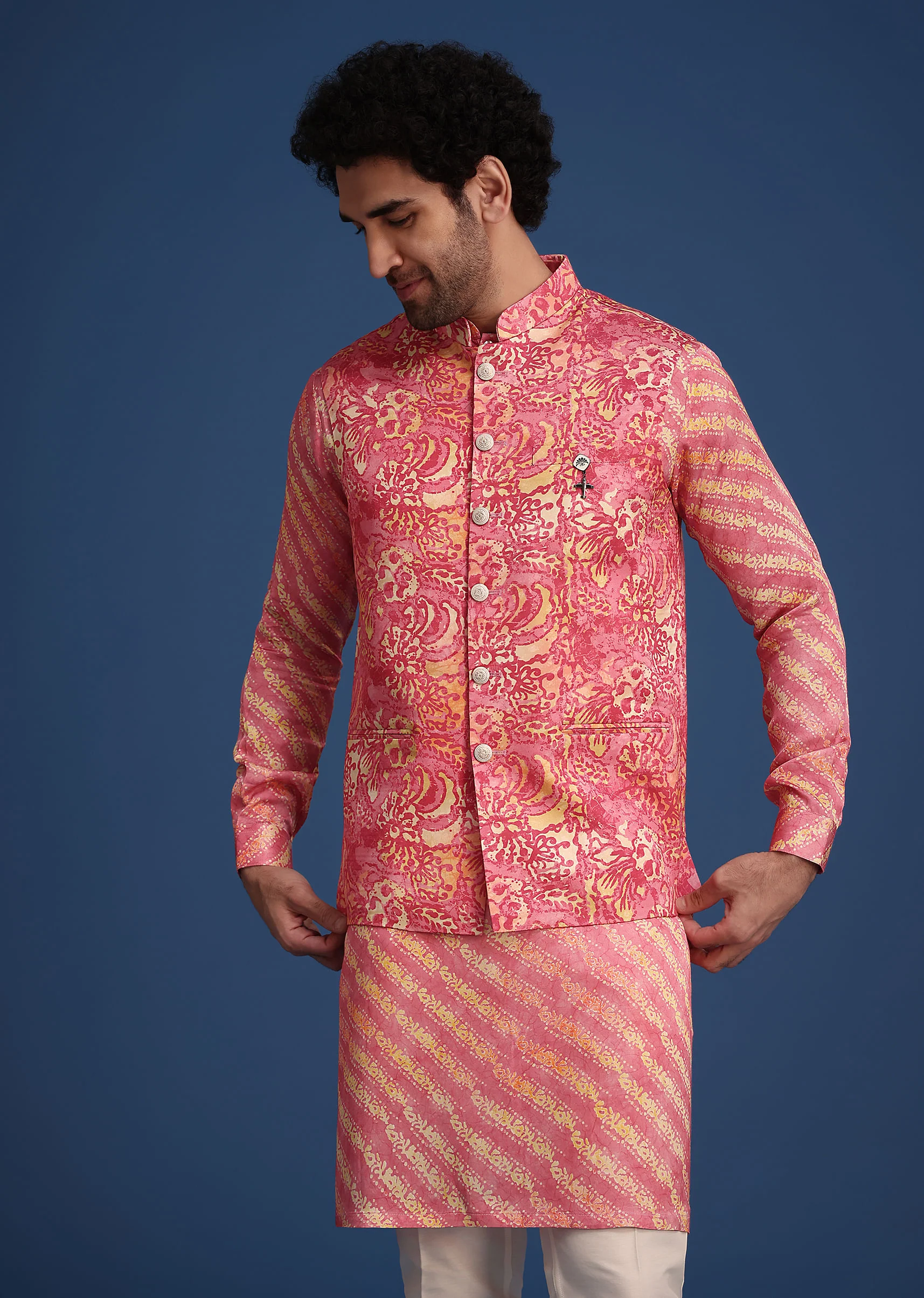 Pink Printed Silk Kurta Jacket Set - Image 4