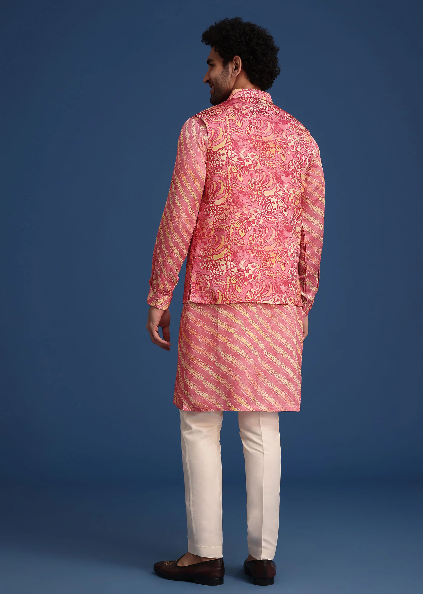 Pink Printed Silk Kurta Jacket Set - Image 5