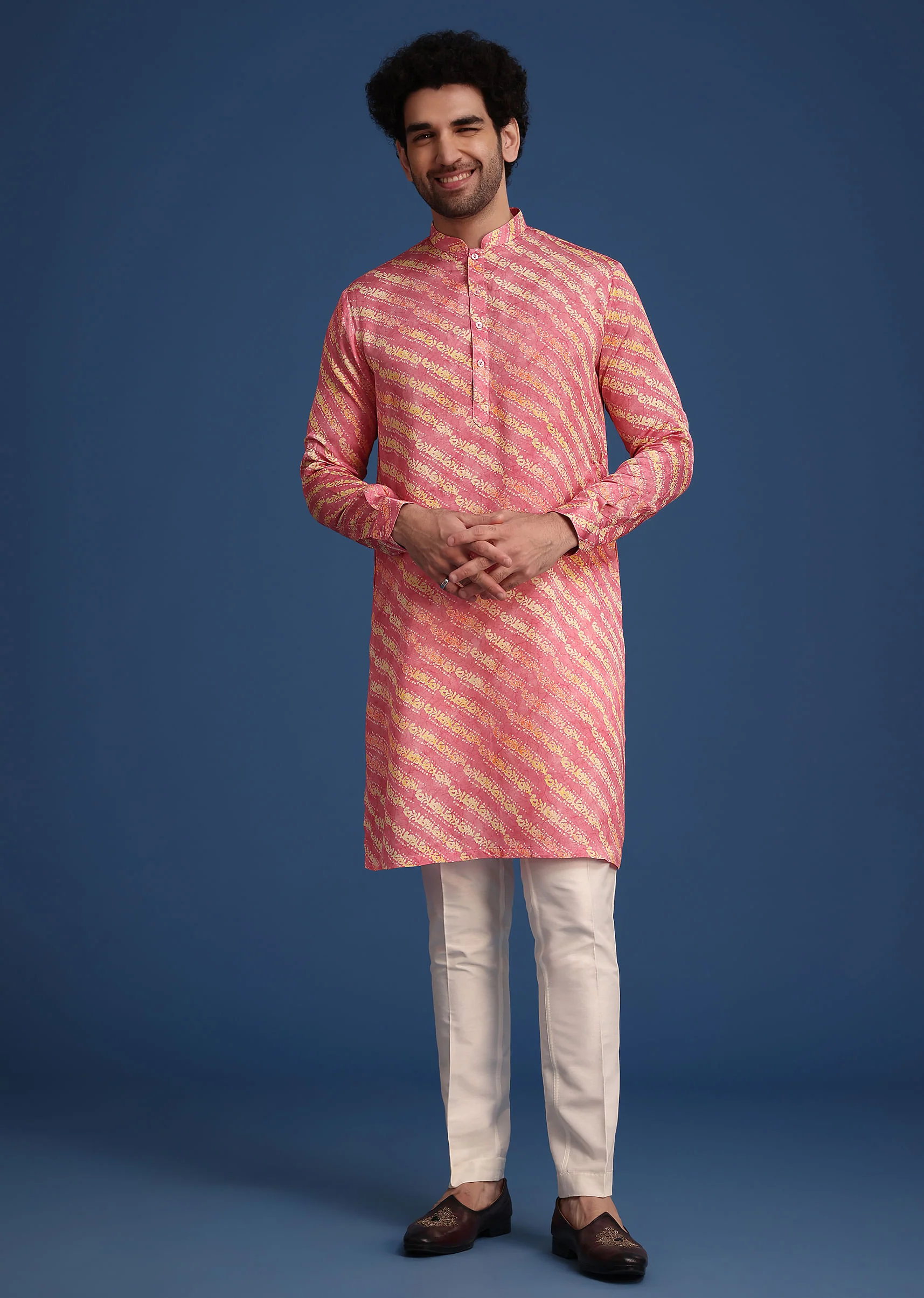Pink Printed Silk Kurta Jacket Set - Image 6
