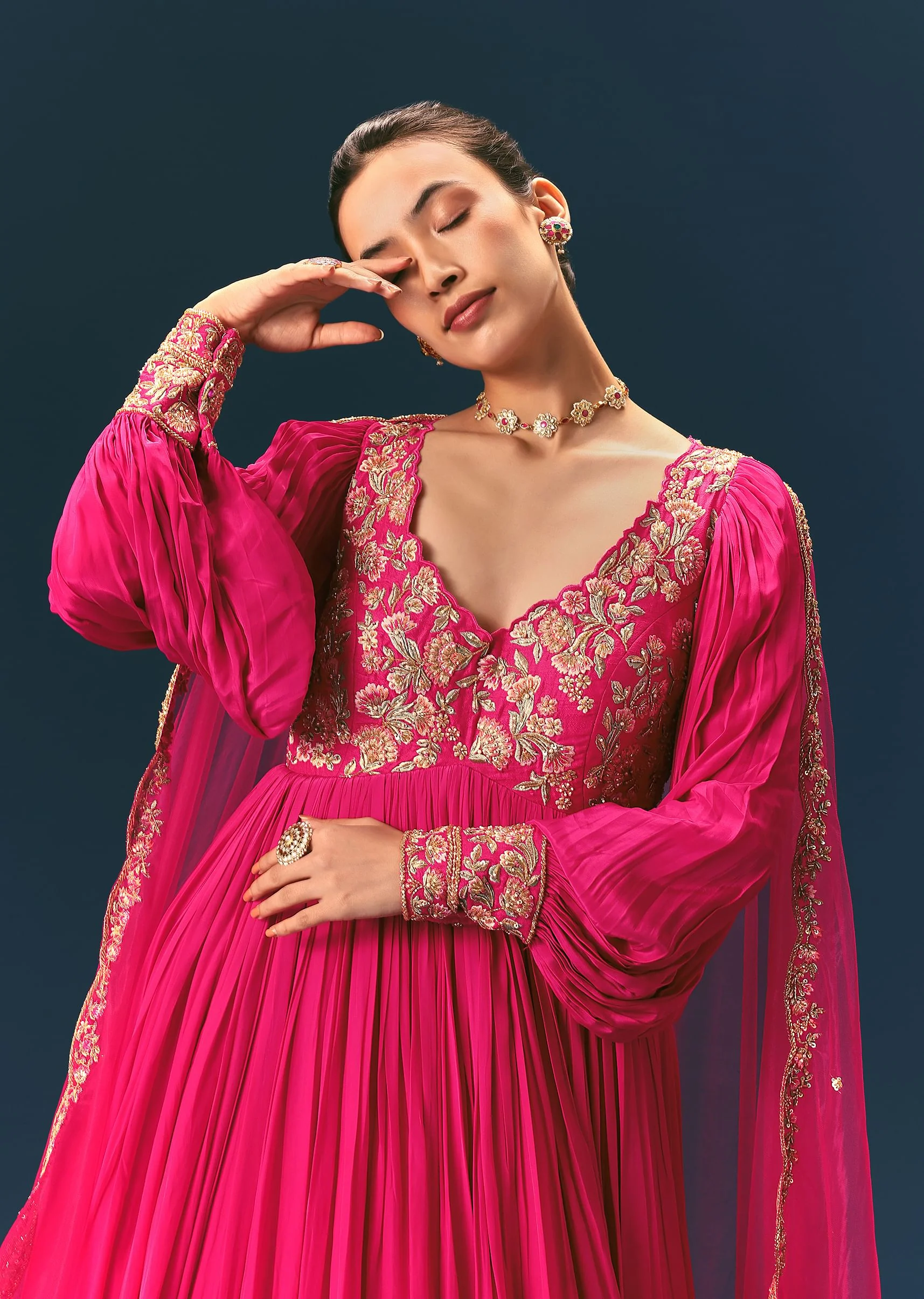 Pink Raw Silk Thread Embroidered Anarkali With Balloon Sleeves And Embroidered Dupatta - Image 2