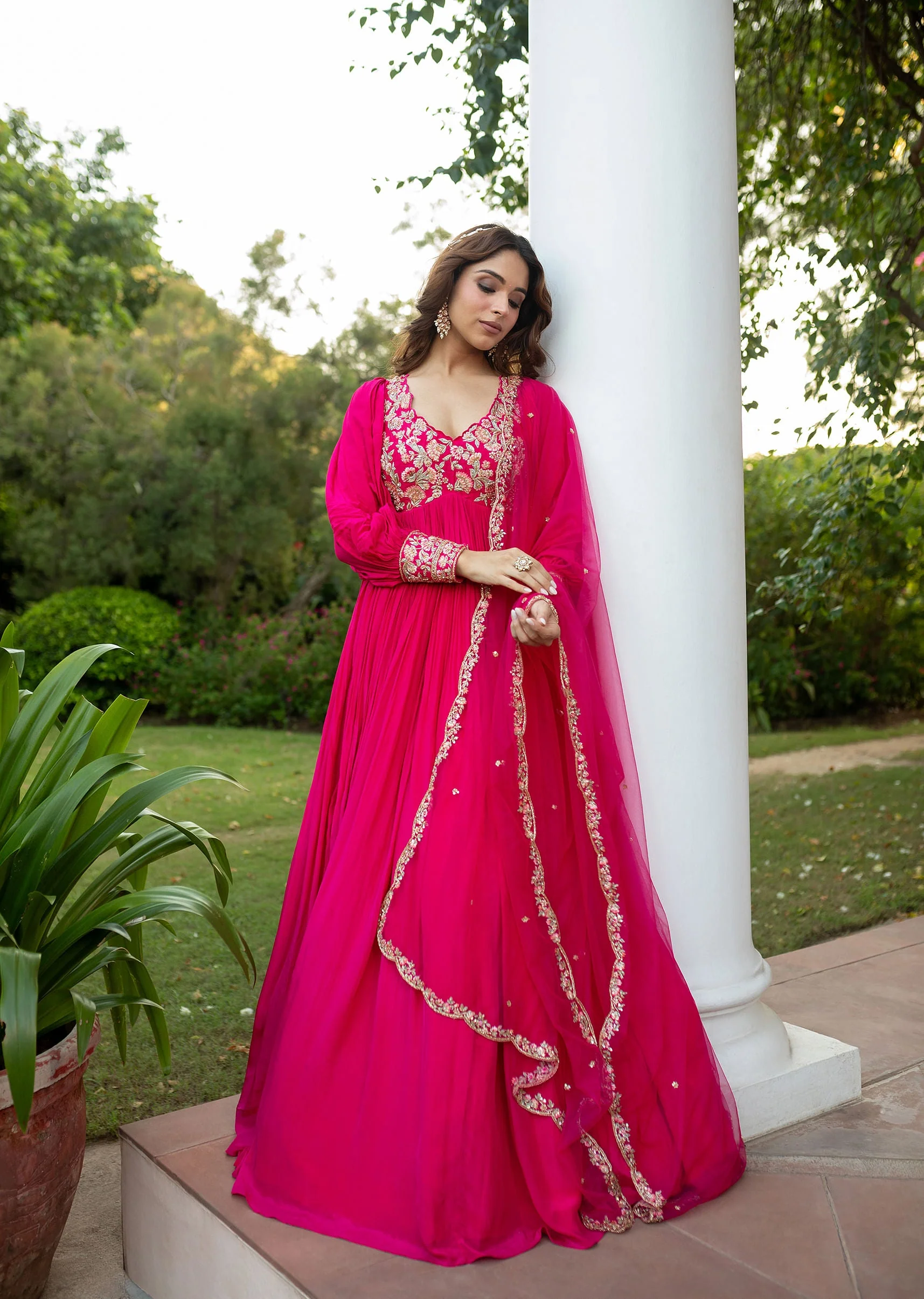 Pink Raw Silk Thread Embroidered Anarkali With Balloon Sleeves And Embroidered Dupatta - Image 6