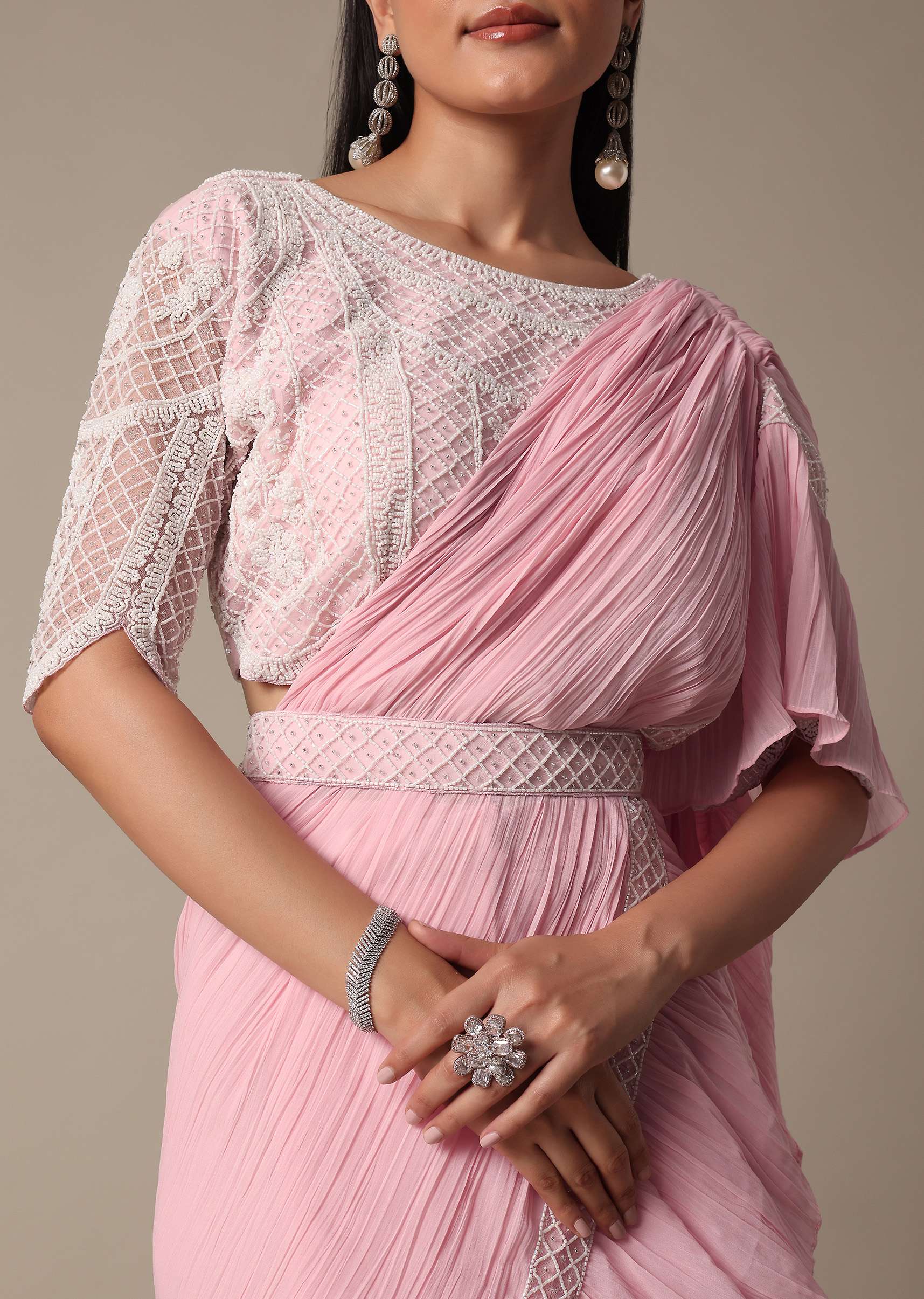 Pink Readymade Frill Saree With Heavy Bead Work Blouse - Image 4