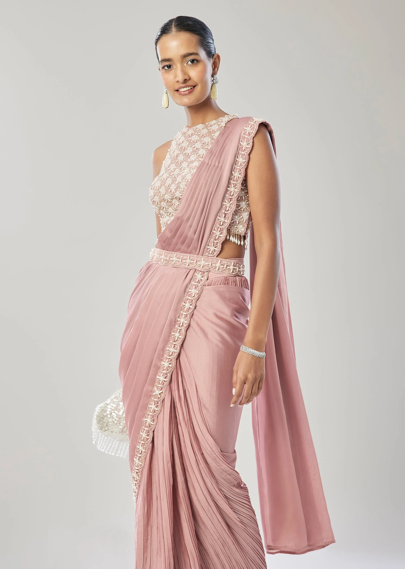 Pink Ready Pleated Saree With Belt - Image 4