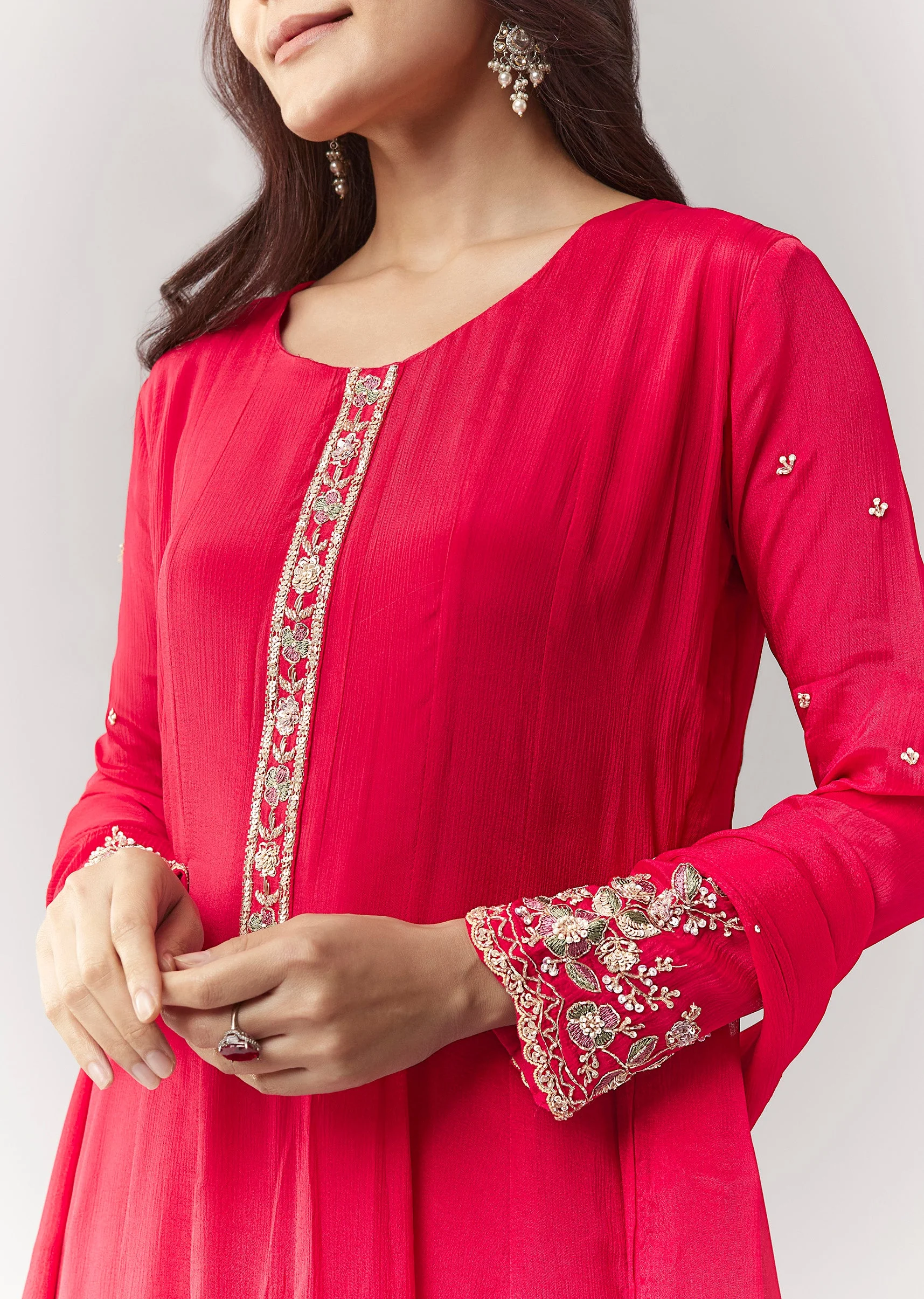 Pink Resham Cut Dana Sleeve Anarkali Pant Set With Dupatta - Image 2