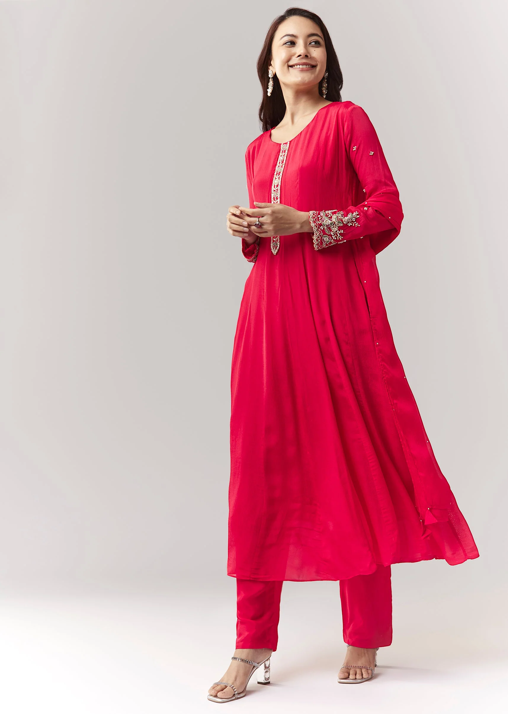 Pink Resham Cut Dana Sleeve Anarkali Pant Set With Dupatta - Image 3