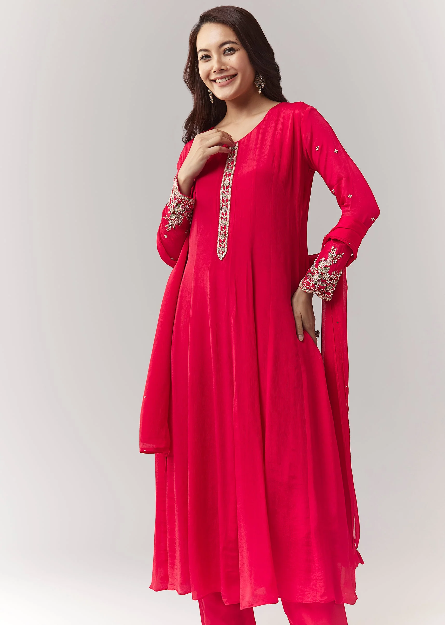 Pink Resham Cut Dana Sleeve Anarkali Pant Set With Dupatta - Image 4