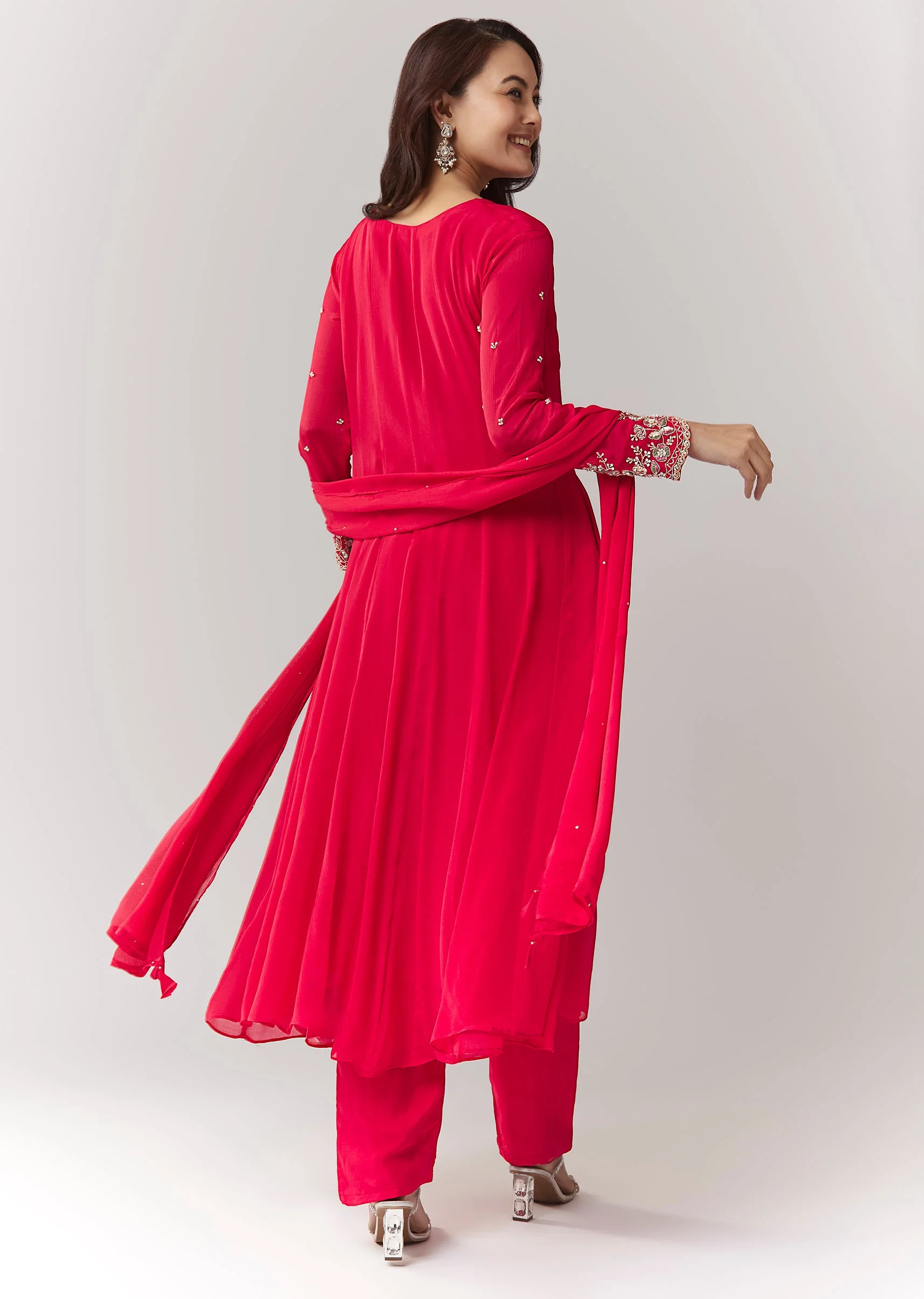 Pink Resham Cut Dana Sleeve Anarkali Pant Set With Dupatta - Image 5
