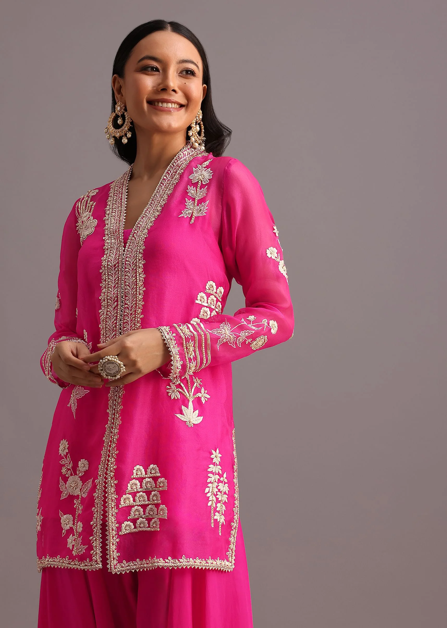Pink Resham Work Kurti Palazzo Suit - Image 4