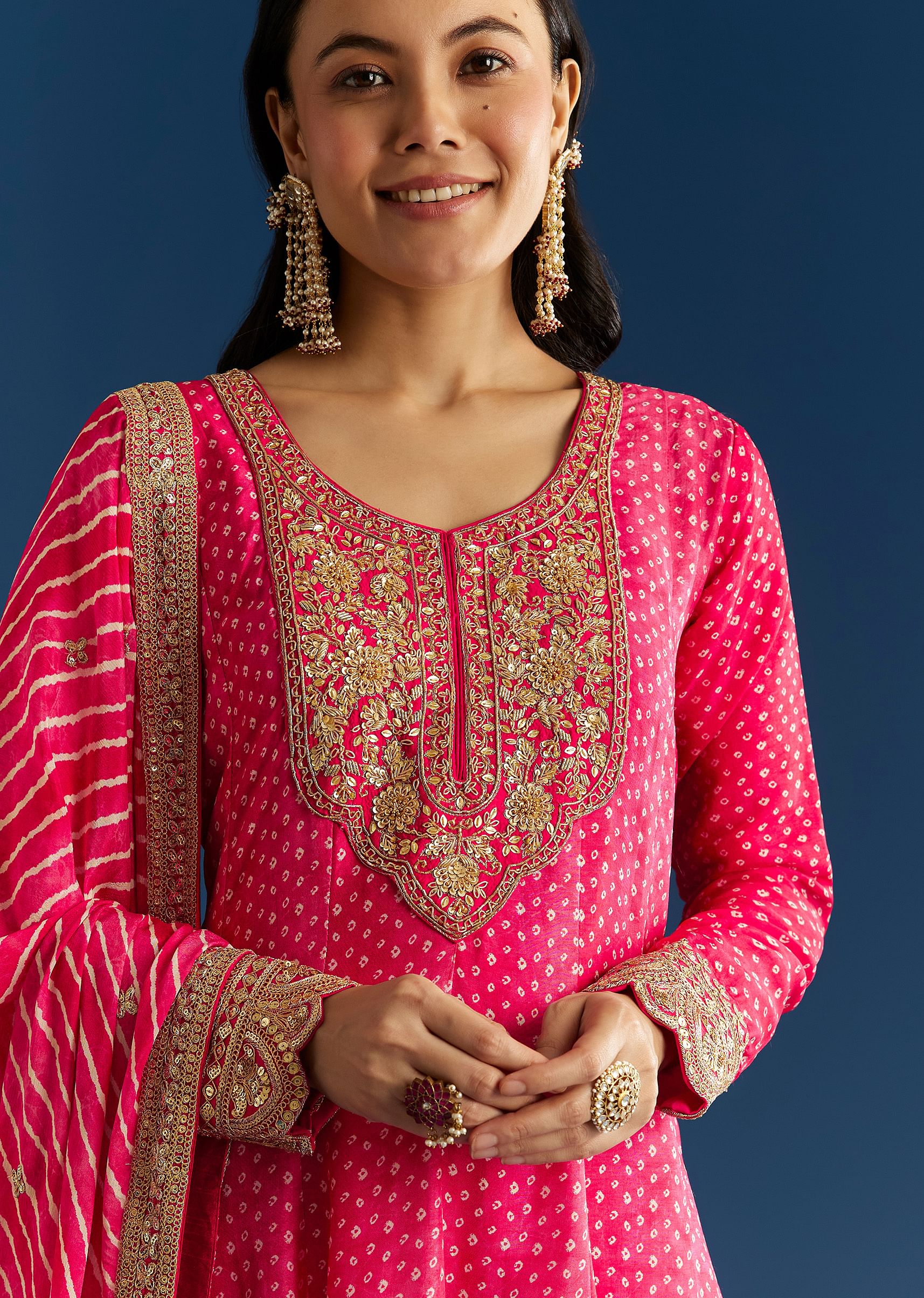 Pink Russian Silk Bandhani Anarkali With Leheriya Dupatta - Image 2