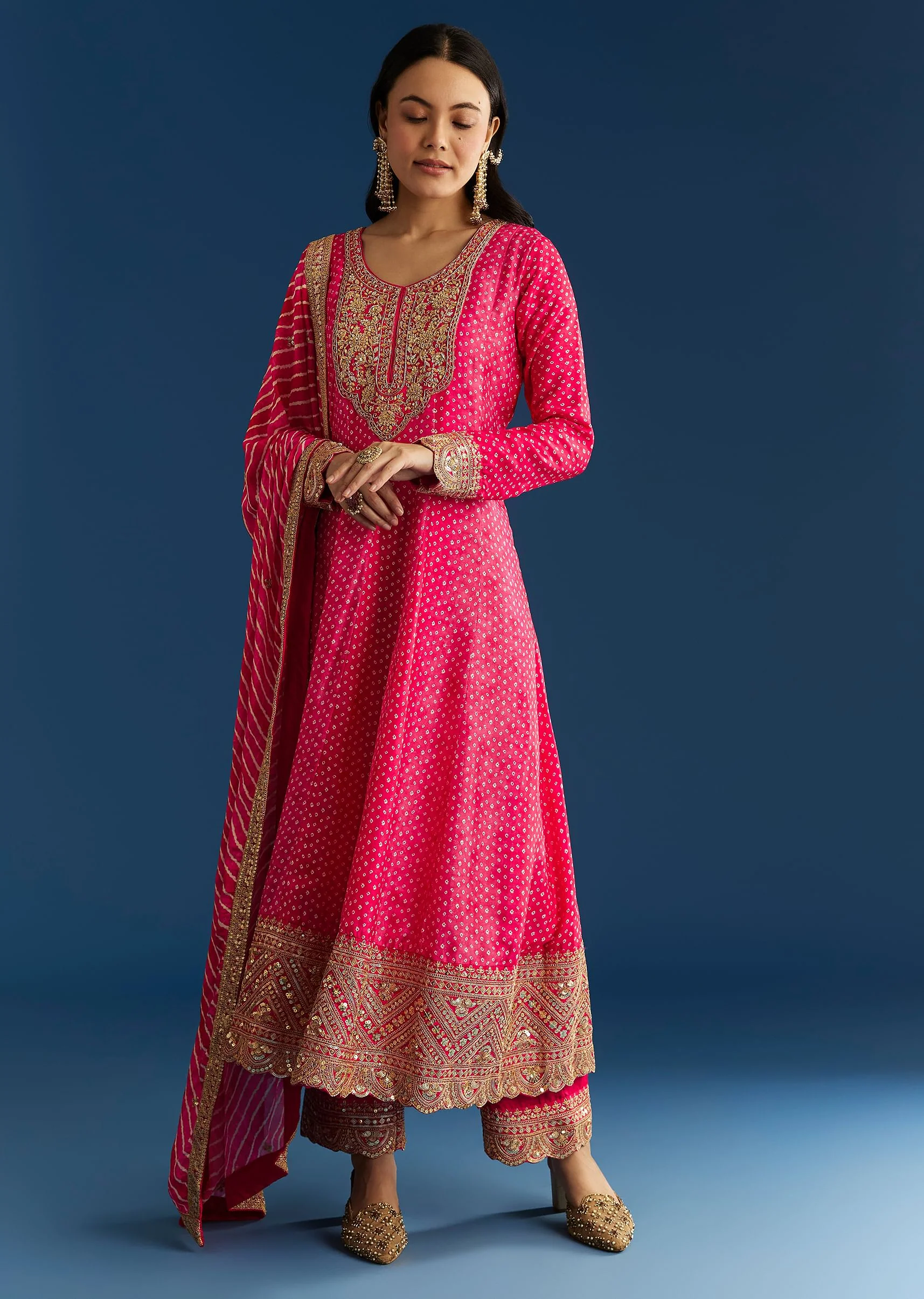 Pink Russian Silk Bandhani Anarkali With Leheriya Dupatta - Image 3