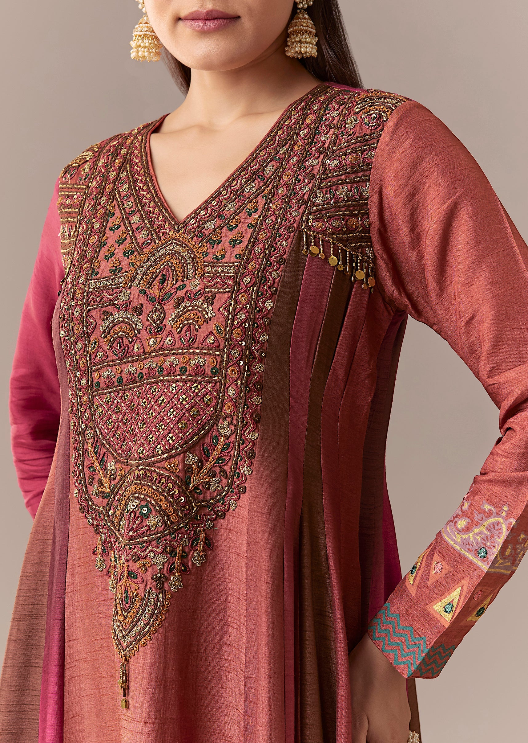 Pink Rust Printed Raw Silk Anarkali - Image 2