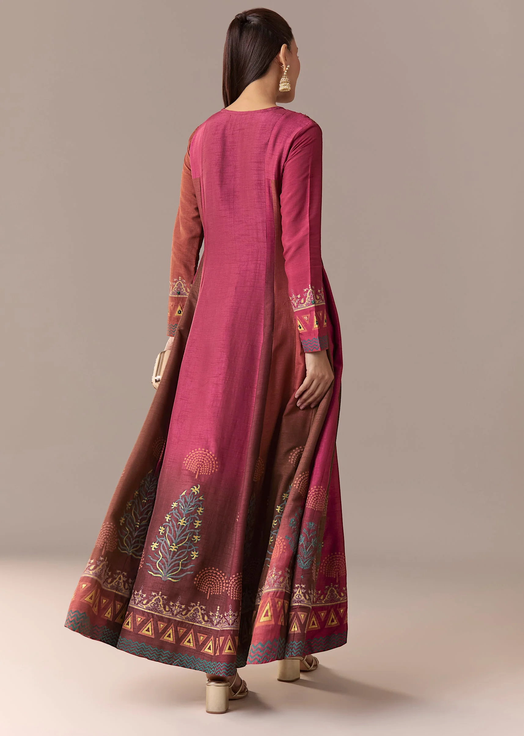 Pink Rust Printed Raw Silk Anarkali - Image 5