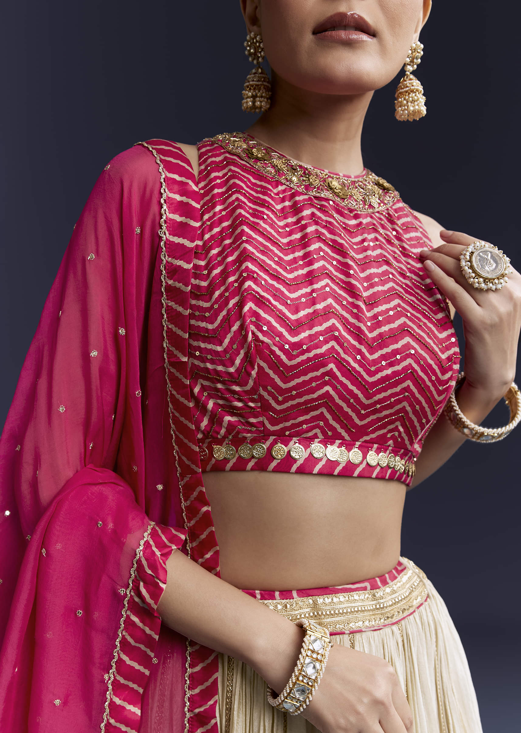 Pink Satin Bridesmaid Lehenga With Hand Dyed Chevron Print Choli - Image 3