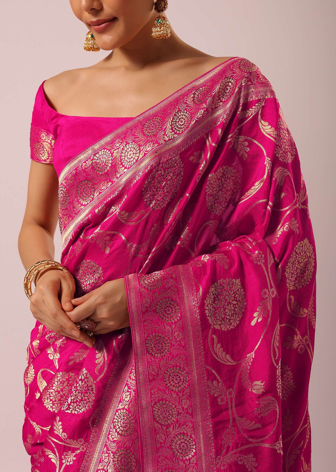 Pink Satin Organza Saree With Floral Jaal Weave - Image 5