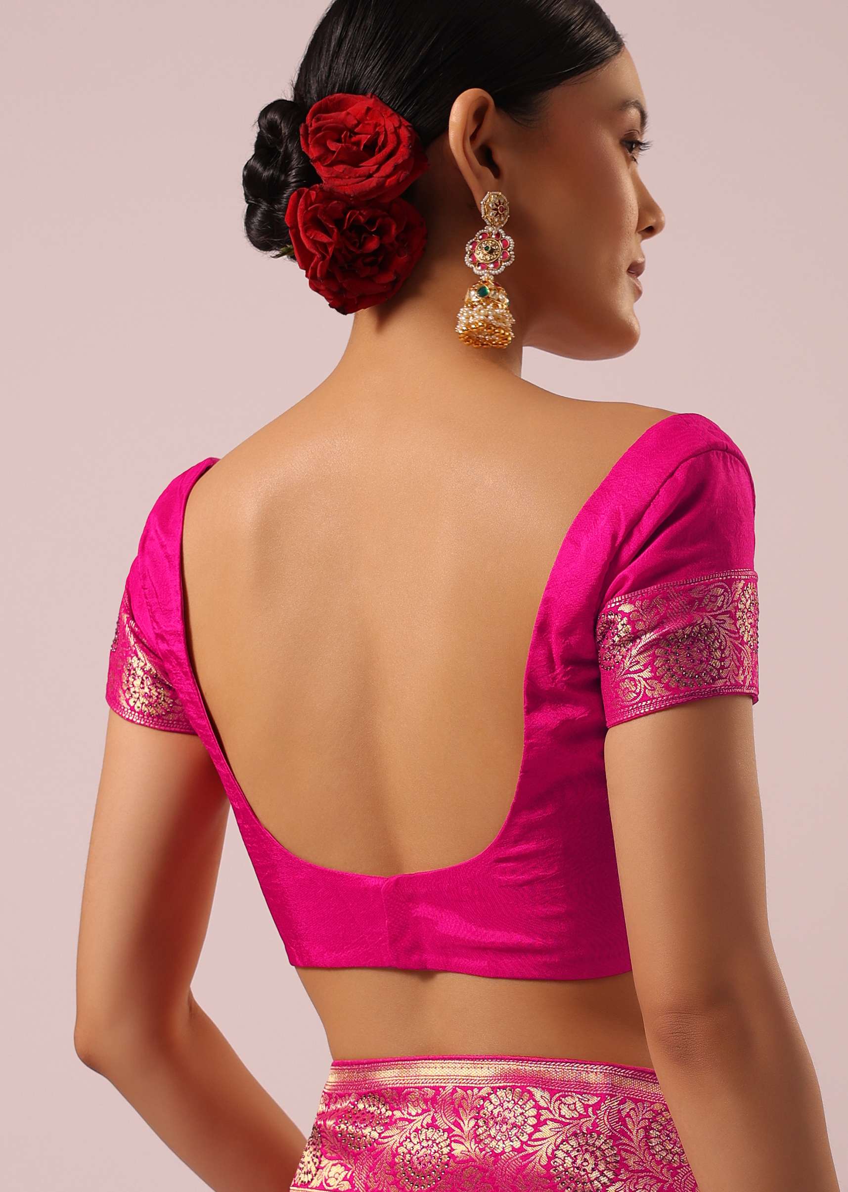 Pink Satin Organza Saree With Floral Jaal Weave - Image 6