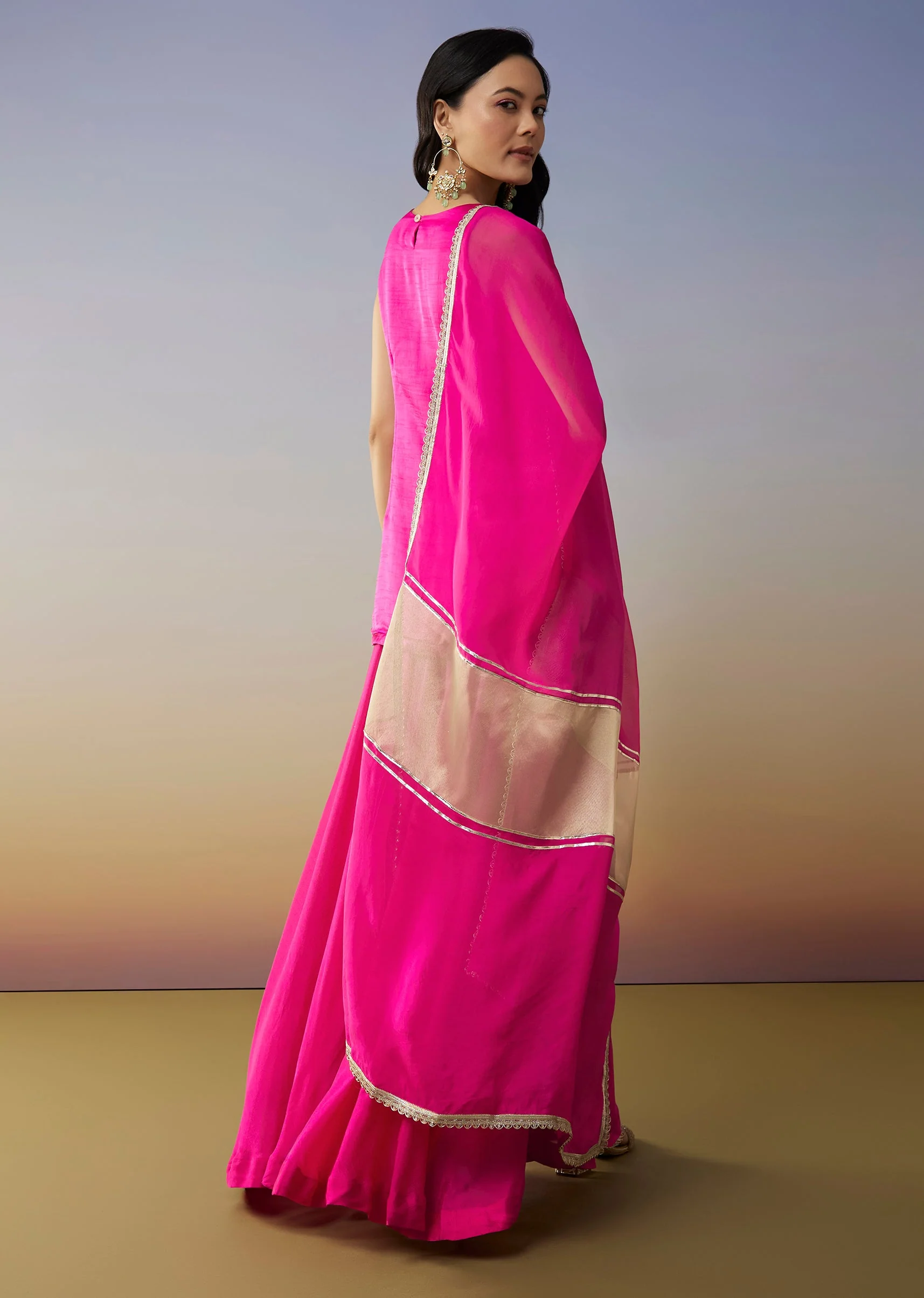 Pink Satin Palazzo Suit with Beads Sequins Work - Image 5
