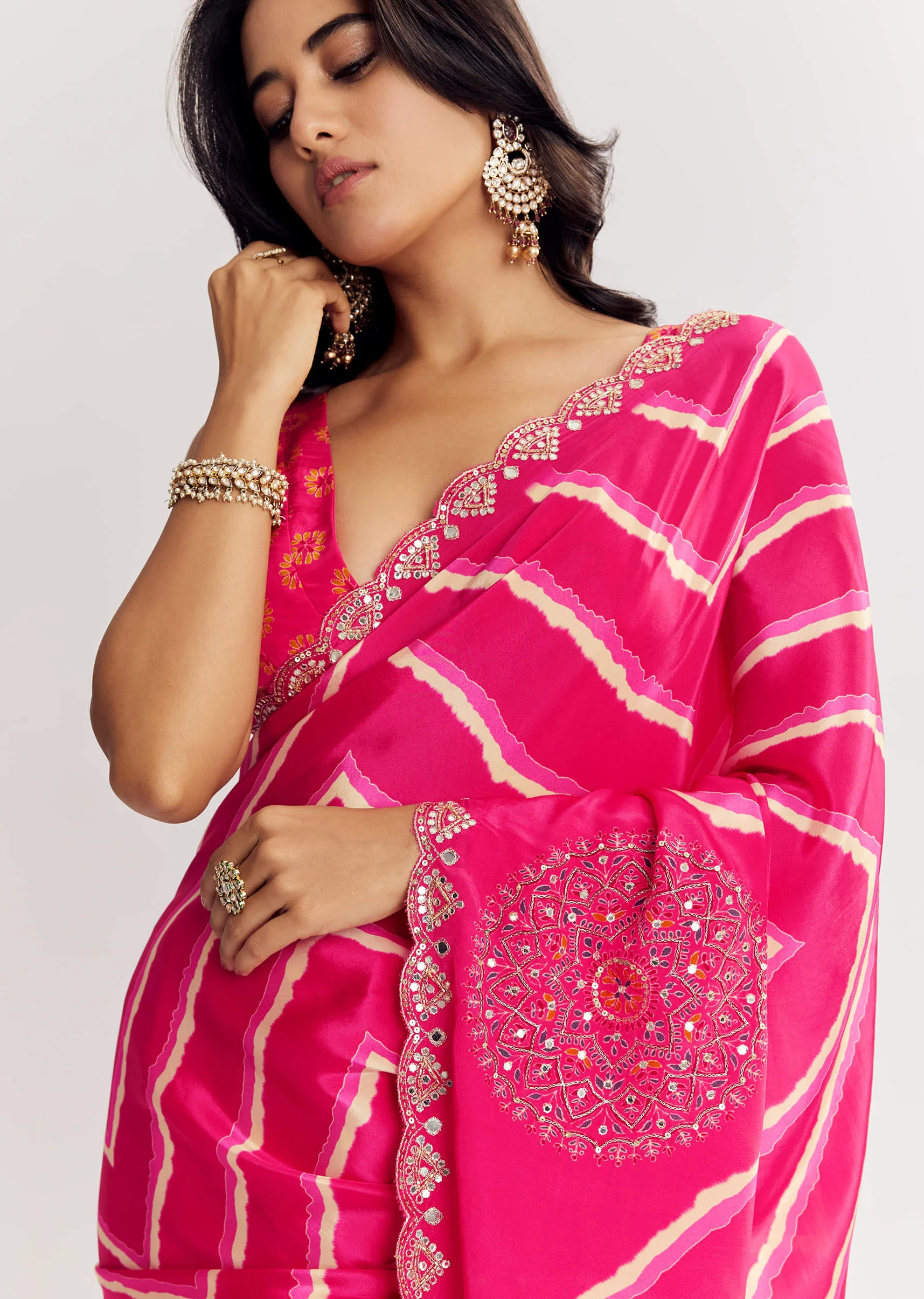 Pink Satin Saree With Gota And Mirror Embroidery - Image 2