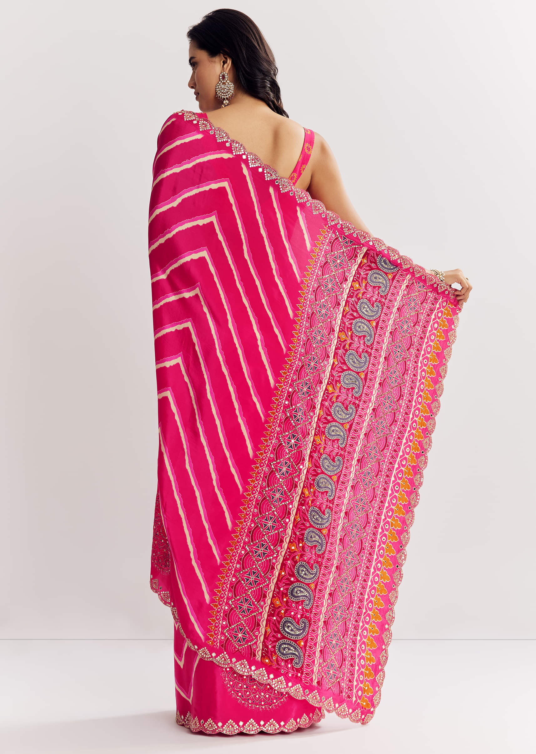 Pink Satin Saree With Gota And Mirror Embroidery - Image 5