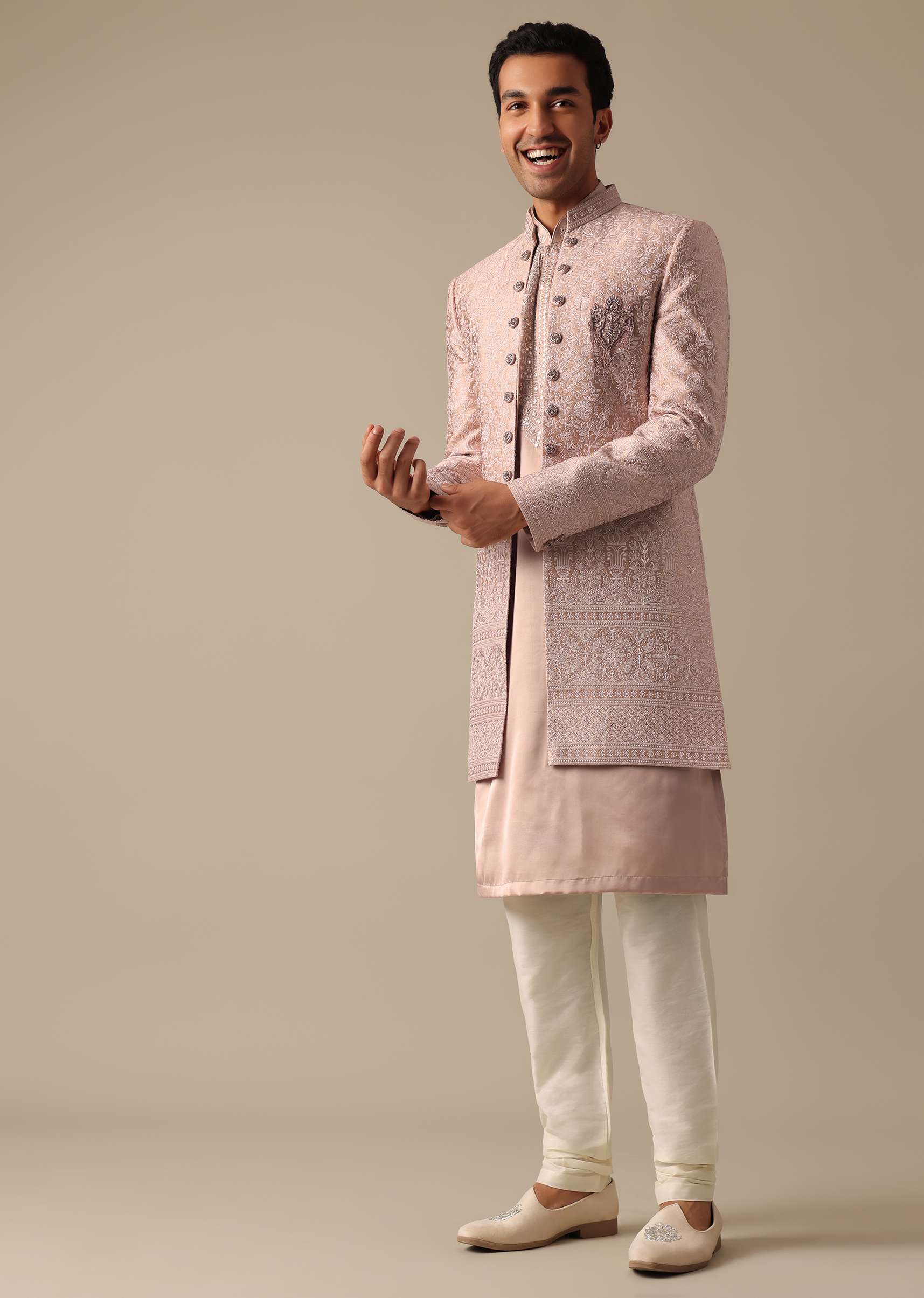 Pink Satin Silk Sherwani And Kurta Set - Image 2