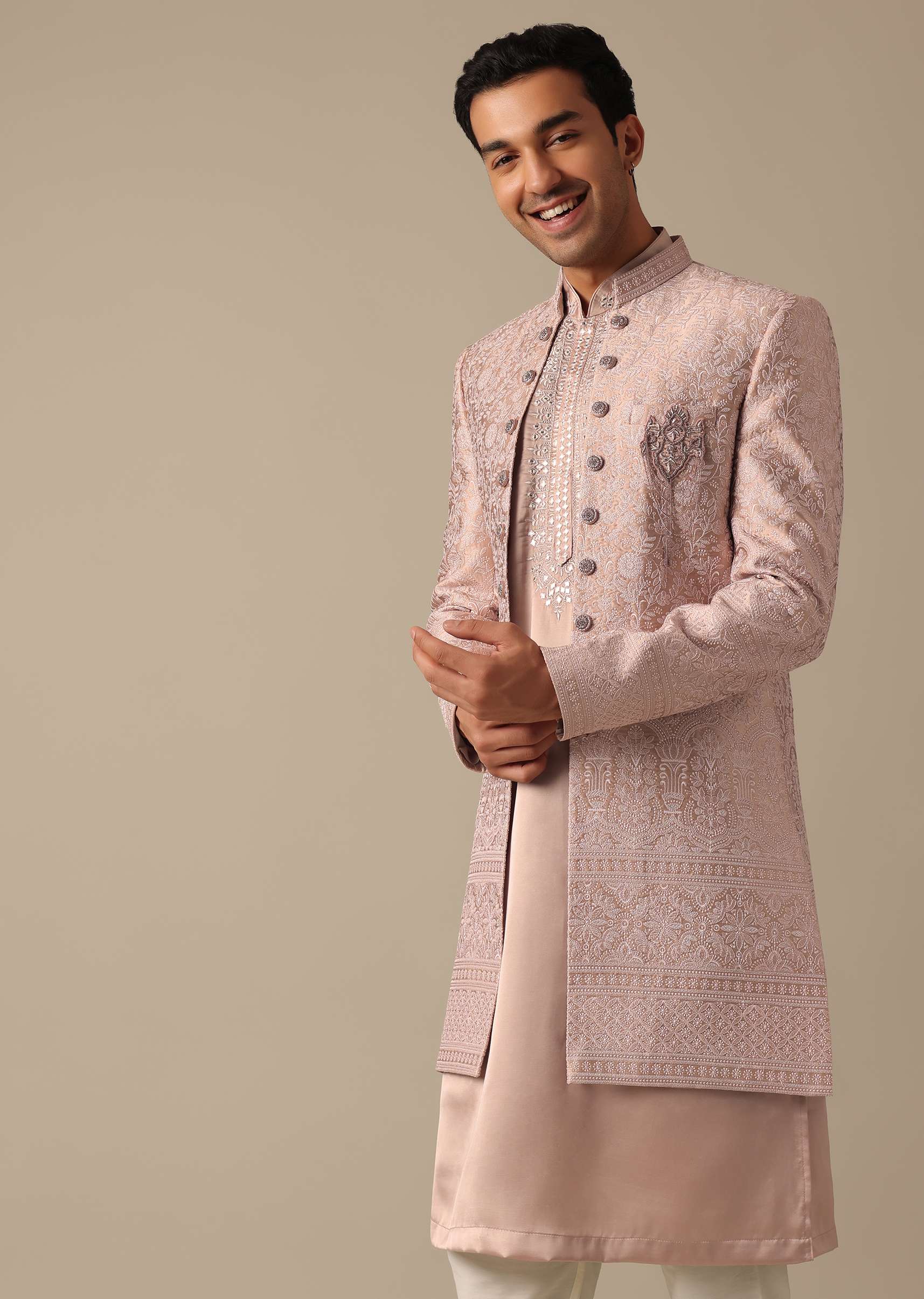 Pink Satin Silk Sherwani And Kurta Set - Image 3