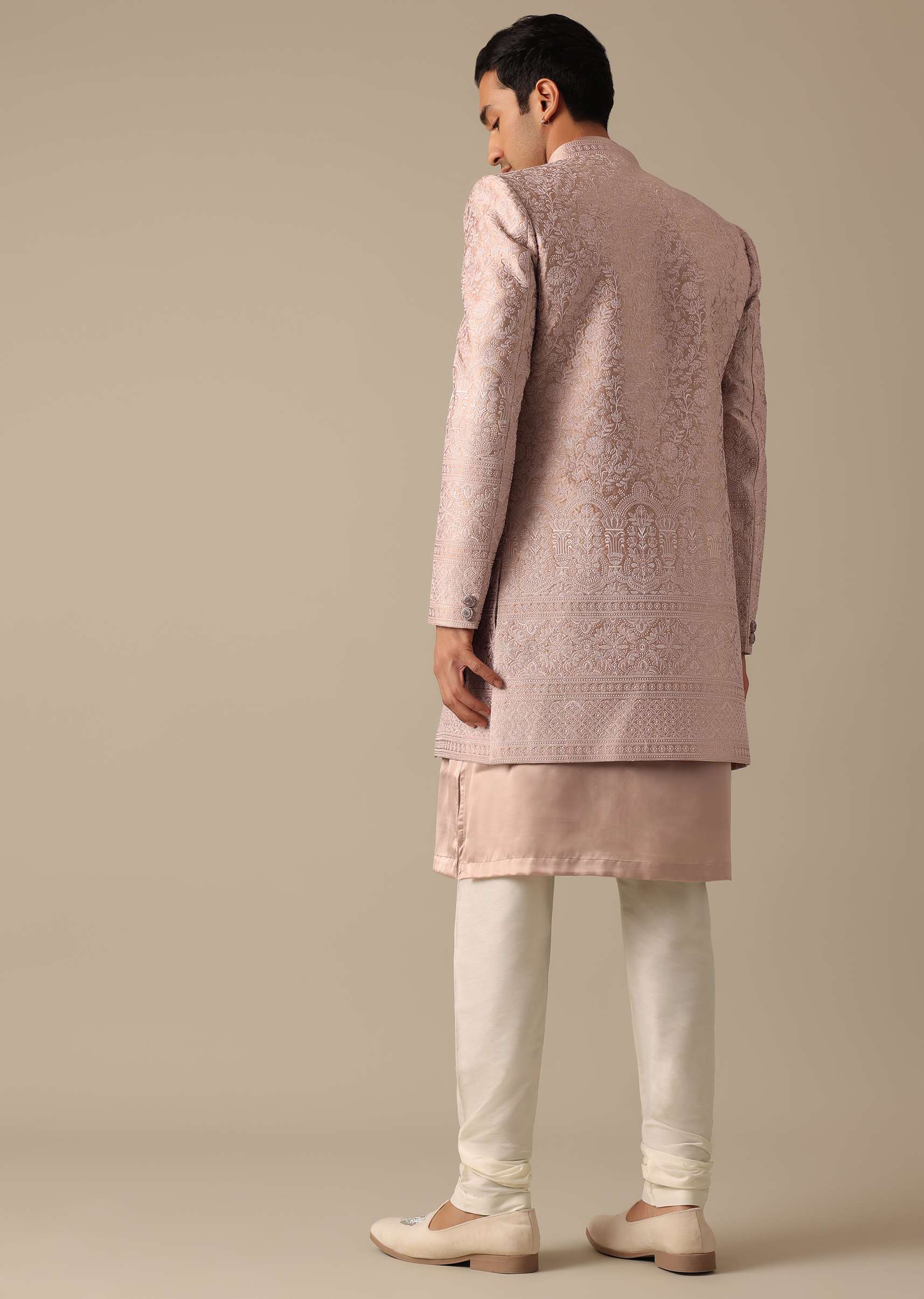 Pink Satin Silk Sherwani And Kurta Set - Image 5