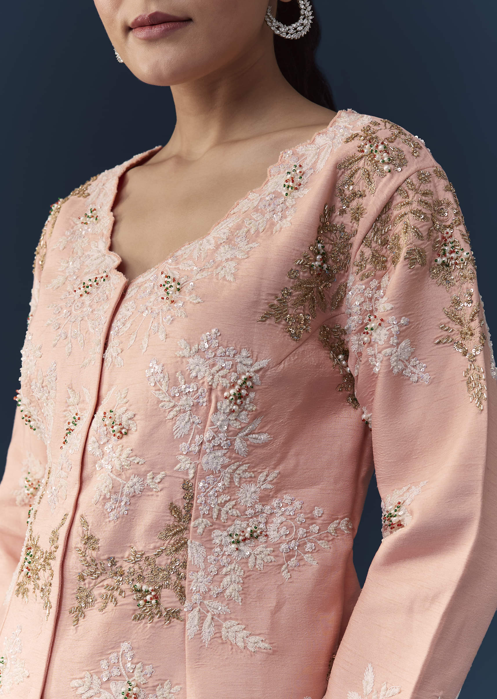 Pink Satin Silk Top Skirt Set with Moti Embellishments - Image 2