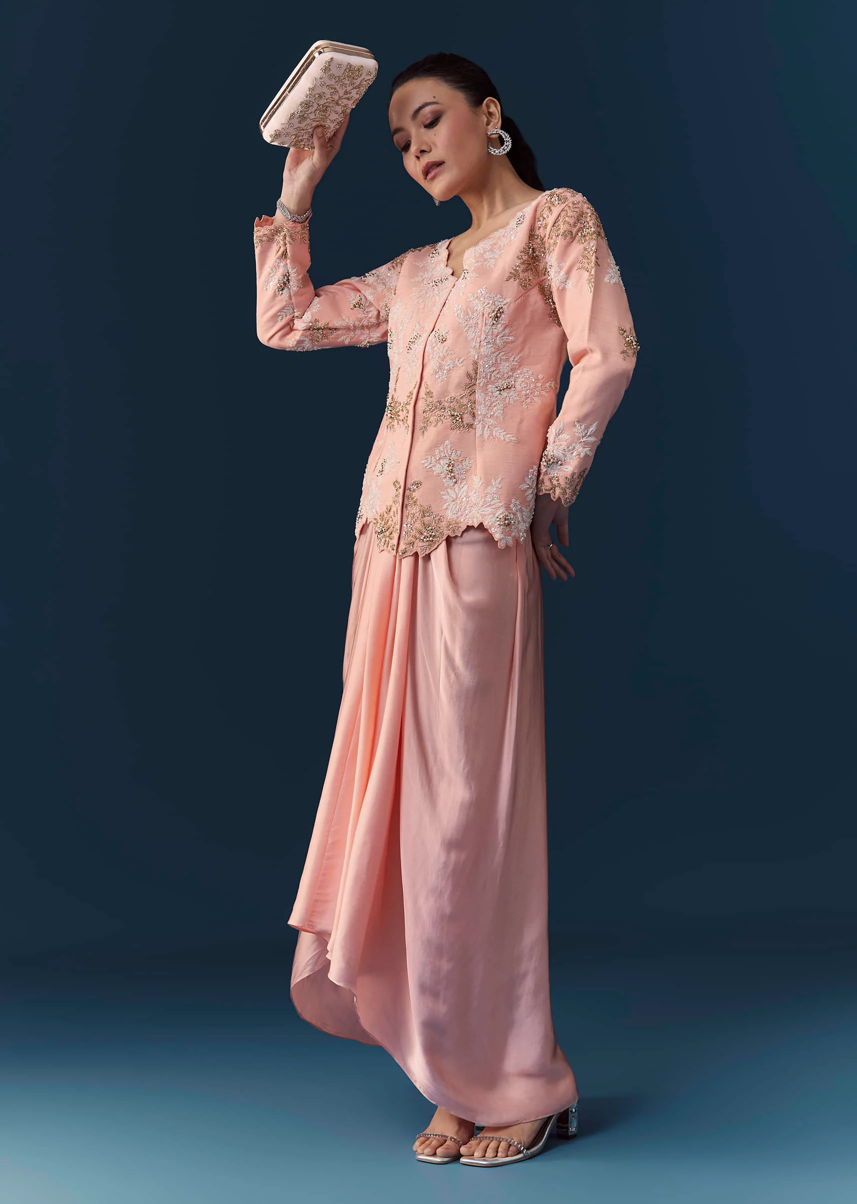 Pink Satin Silk Top Skirt Set with Moti Embellishments - Image 3
