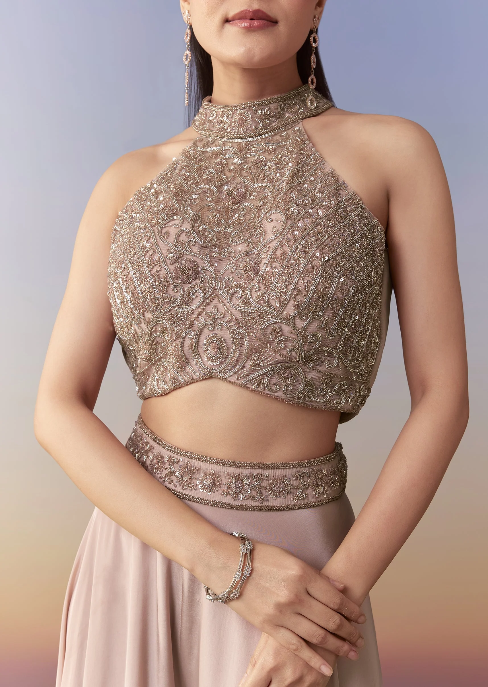Pink Sequin Embellished Crop Top Palazzo Set - Image 2