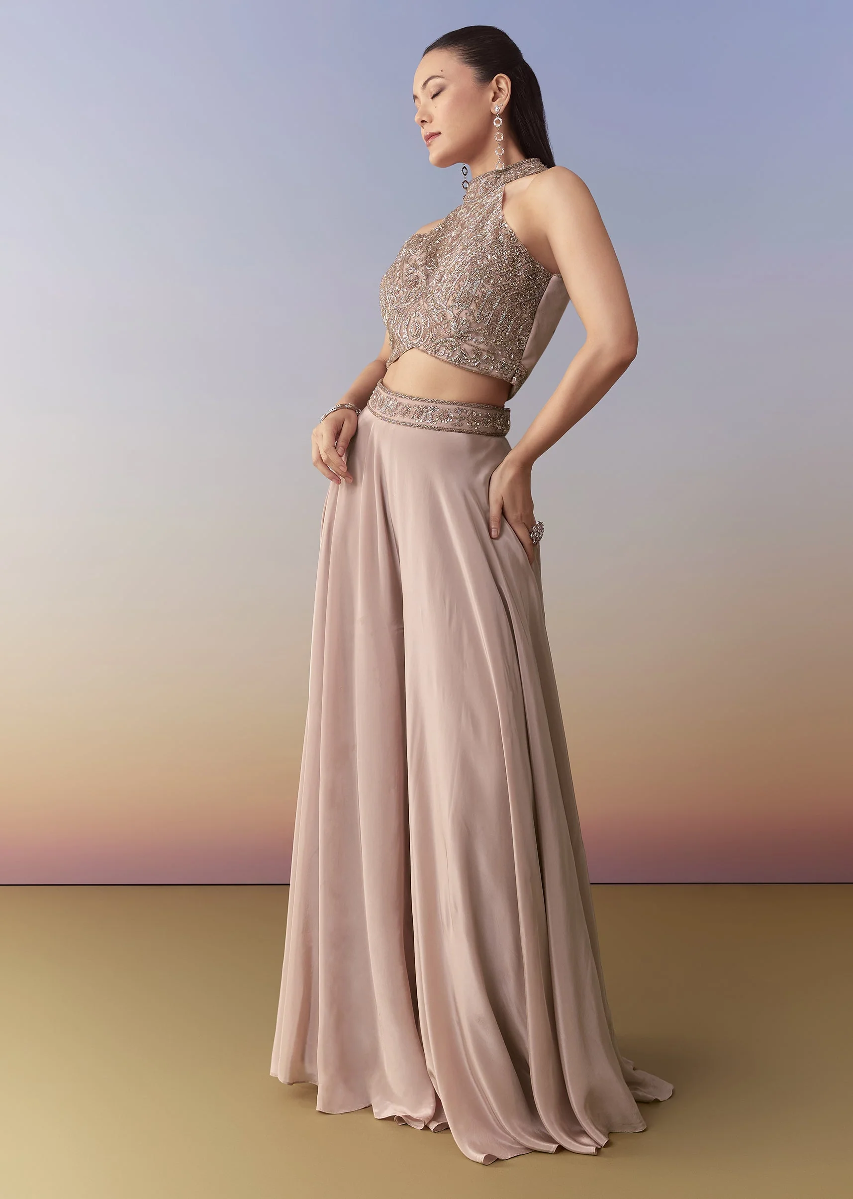Pink Sequin Embellished Crop Top Palazzo Set - Image 3