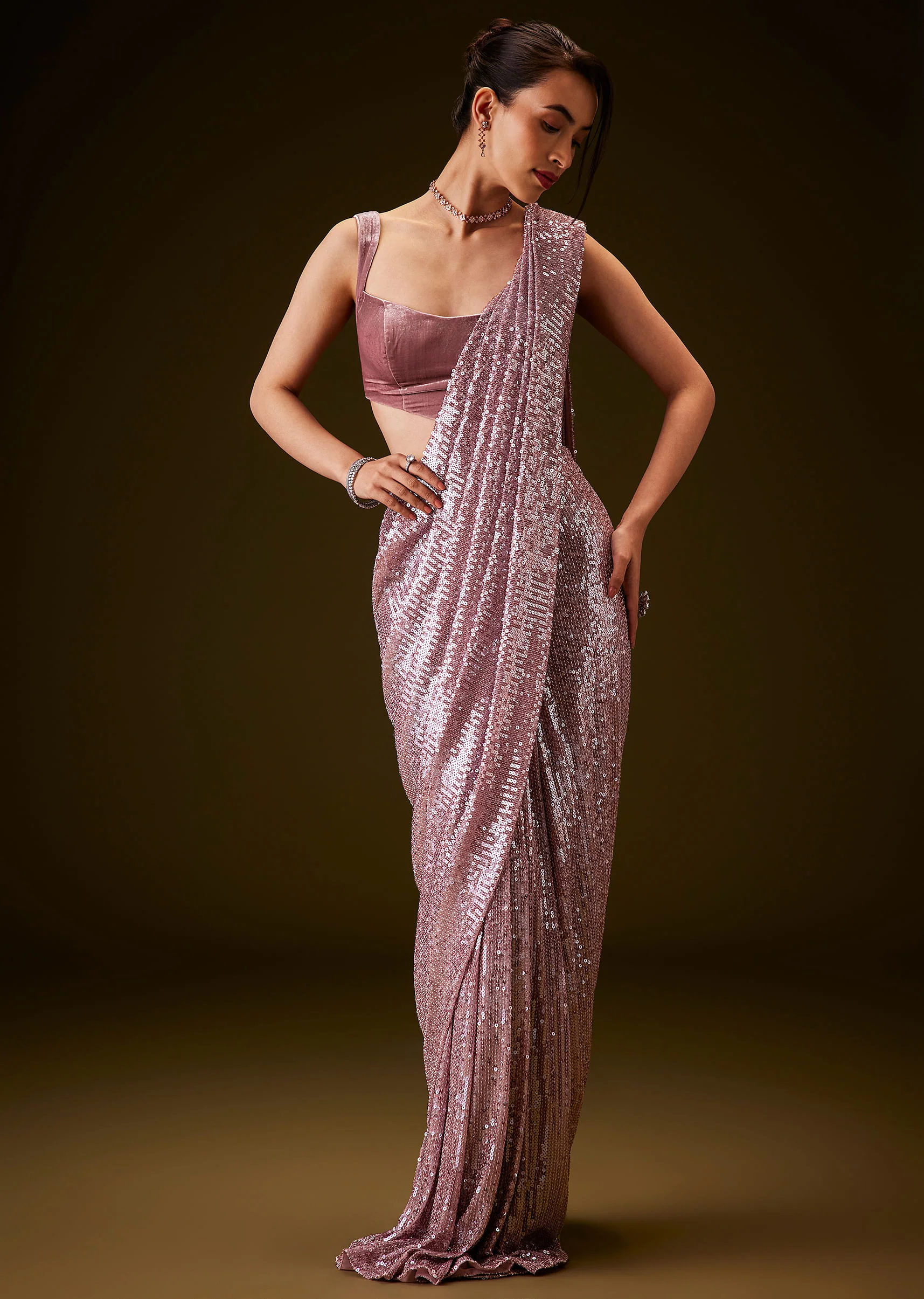 Pink Sequin Velvet Saree With Matching Blouse - Image 3