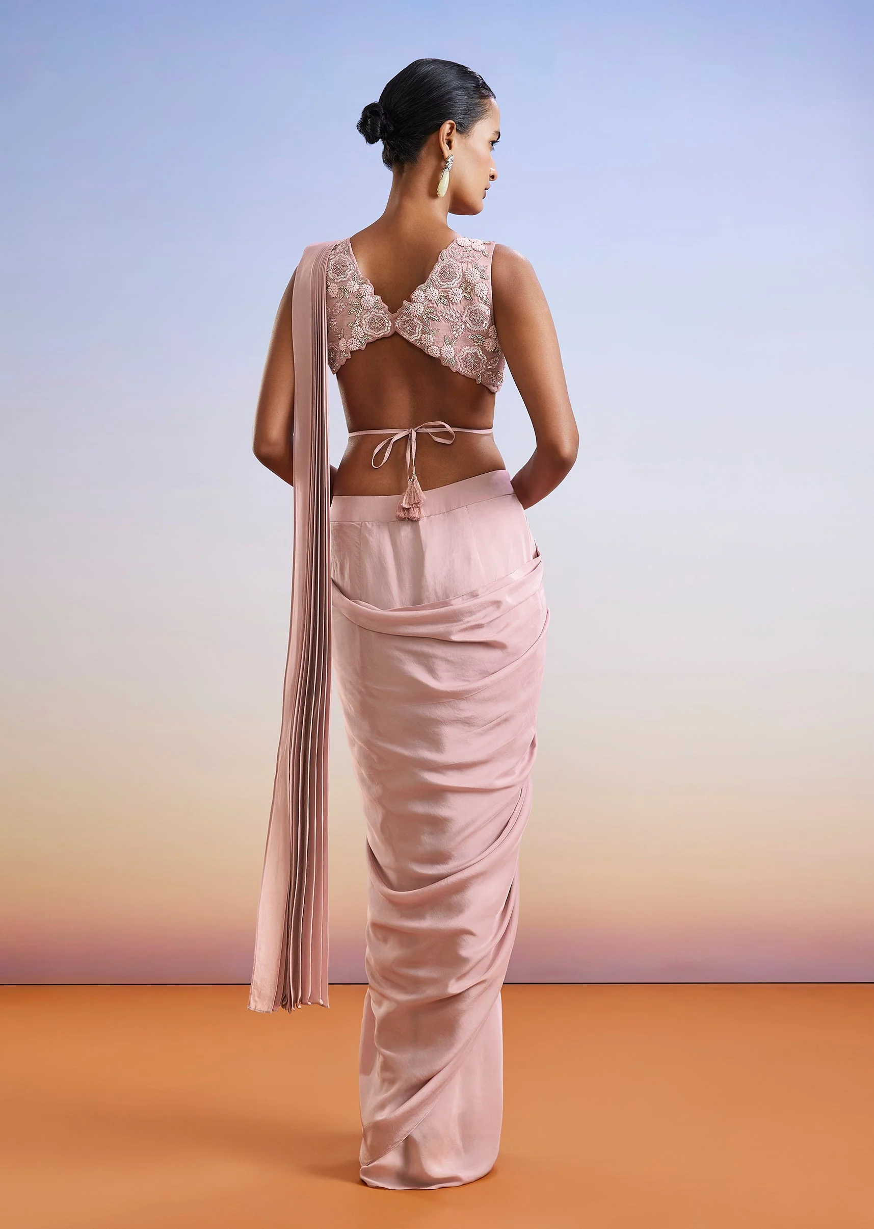 Pink Sequins Embroidered Ready Pleated Saree With Blouse - Image 5