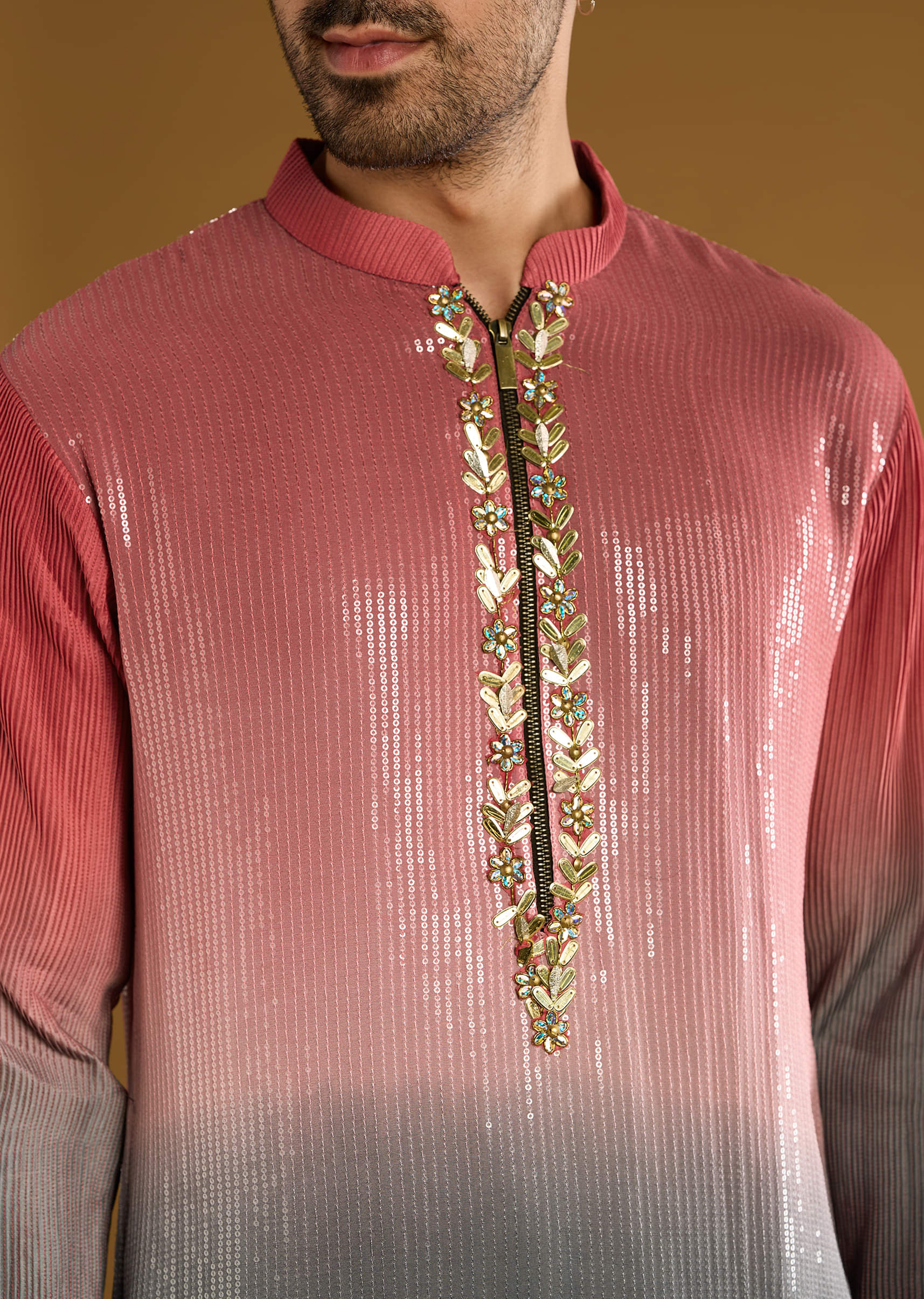 Pink Sequins Kurta Set For Men With Embellishments - Image 2