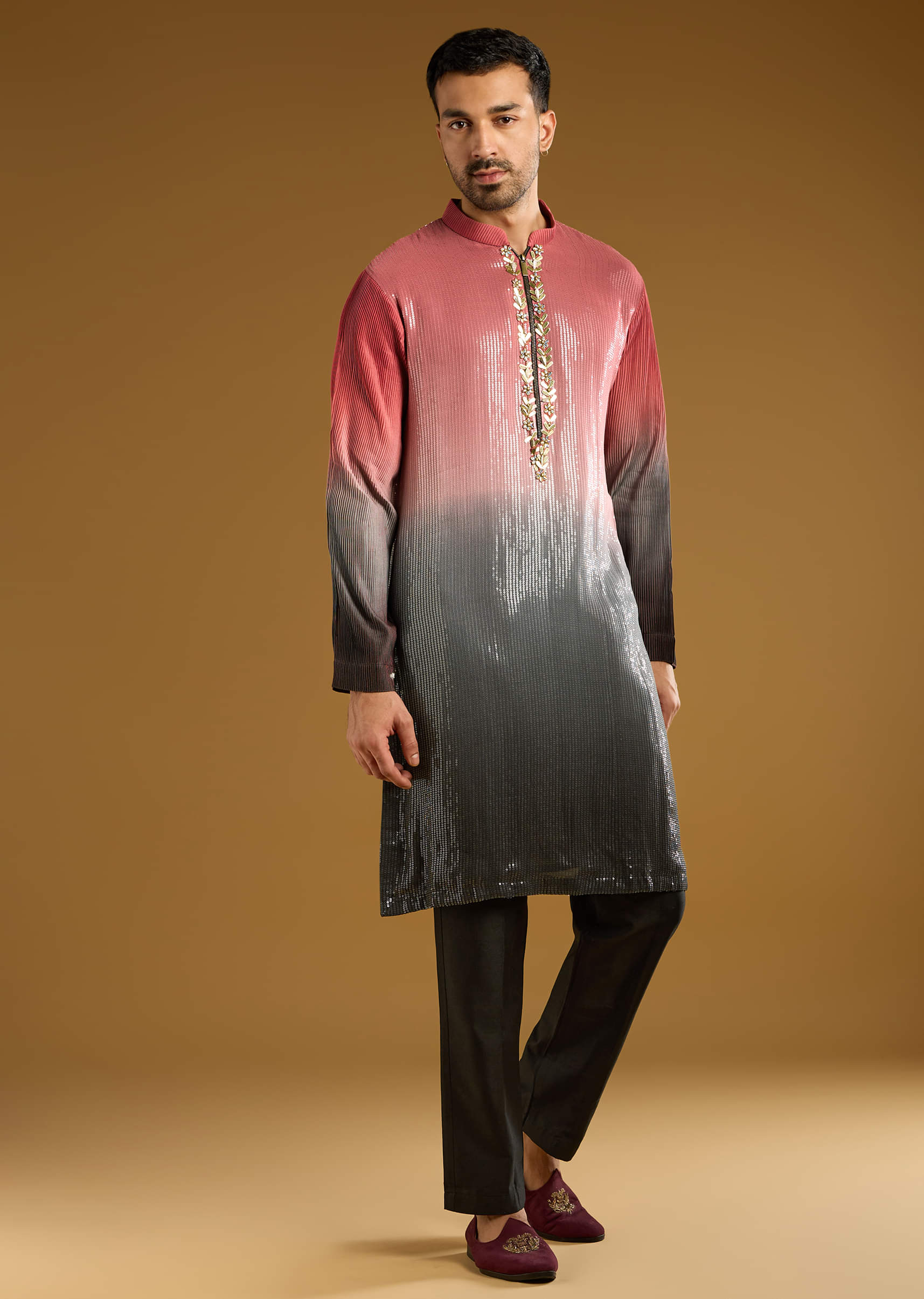 Pink Sequins Kurta Set For Men With Embellishments - Image 3